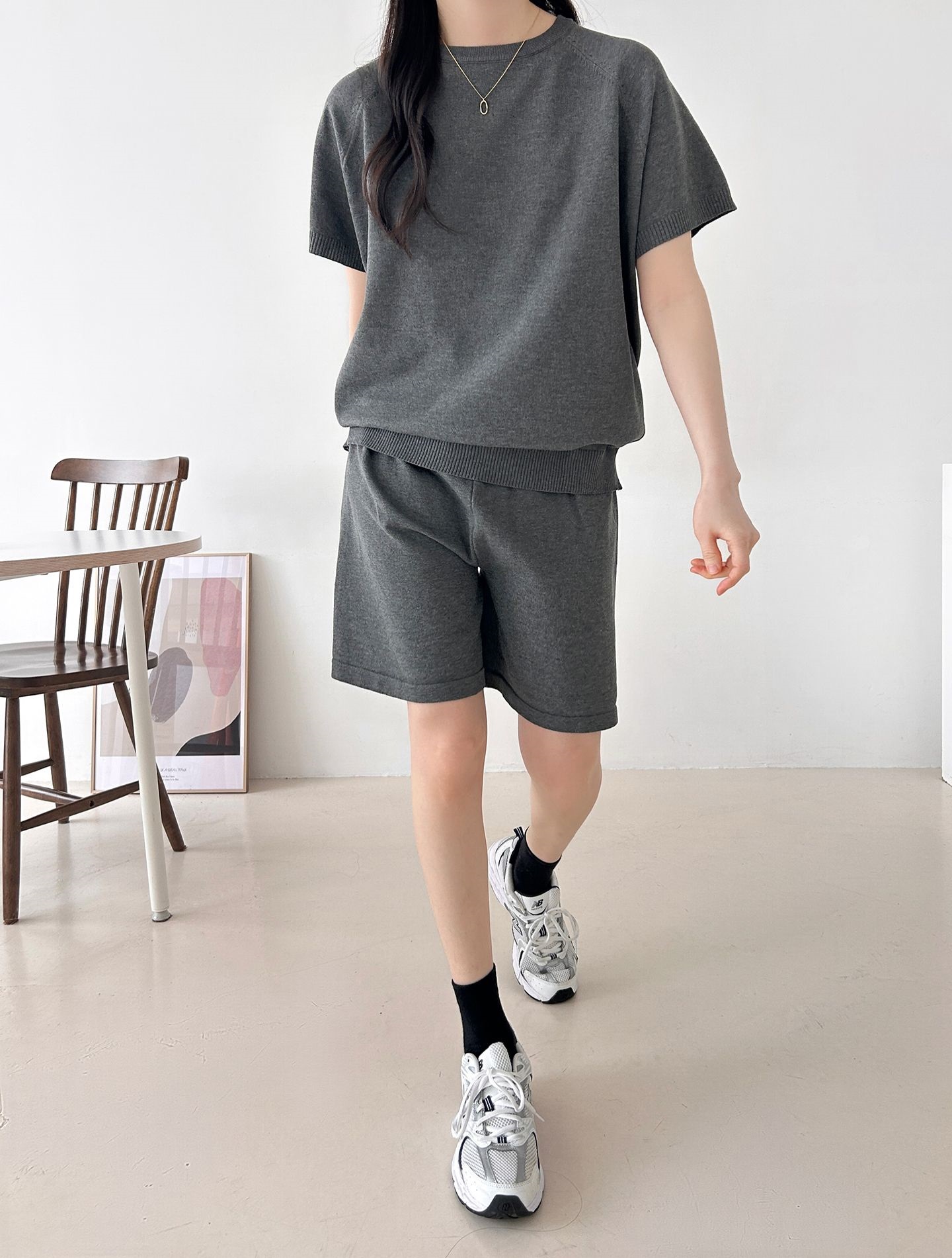 ニットラウンドネックドローストリングウエストゴムラグランショート半袖セットアップ | 詳細画像21