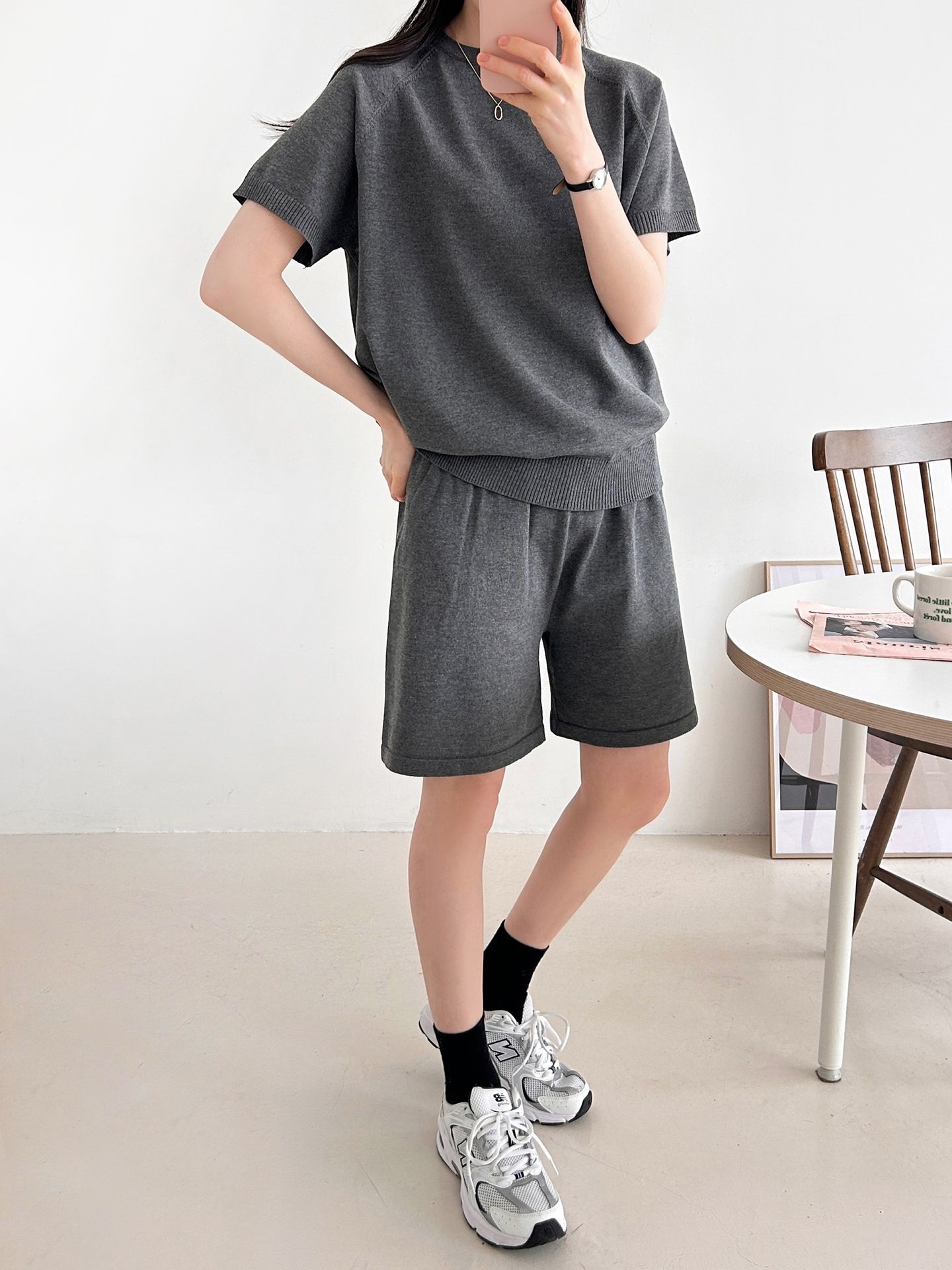 ニットラウンドネックドローストリングウエストゴムラグランショート半袖セットアップ | 詳細画像23