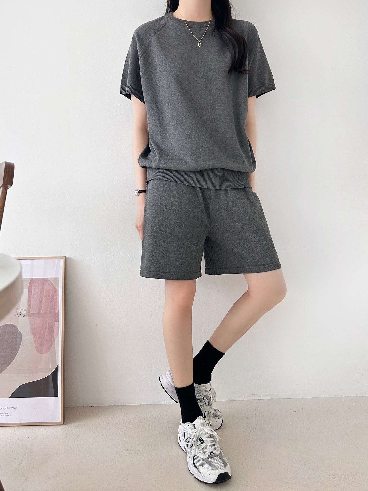 ニットラウンドネックドローストリングウエストゴムラグランショート半袖セットアップ | 詳細画像25