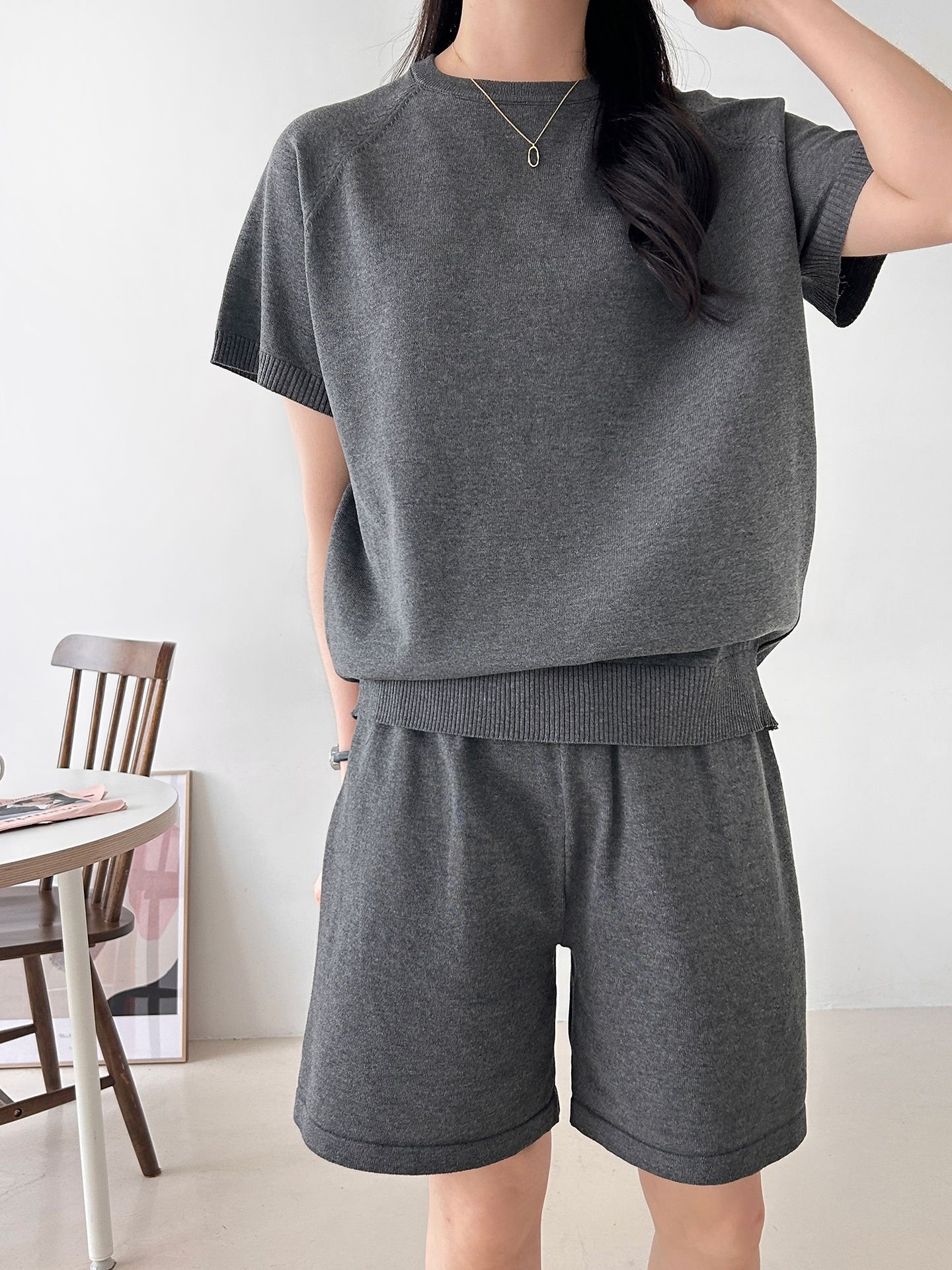 ニットラウンドネックドローストリングウエストゴムラグランショート半袖セットアップ | 詳細画像29