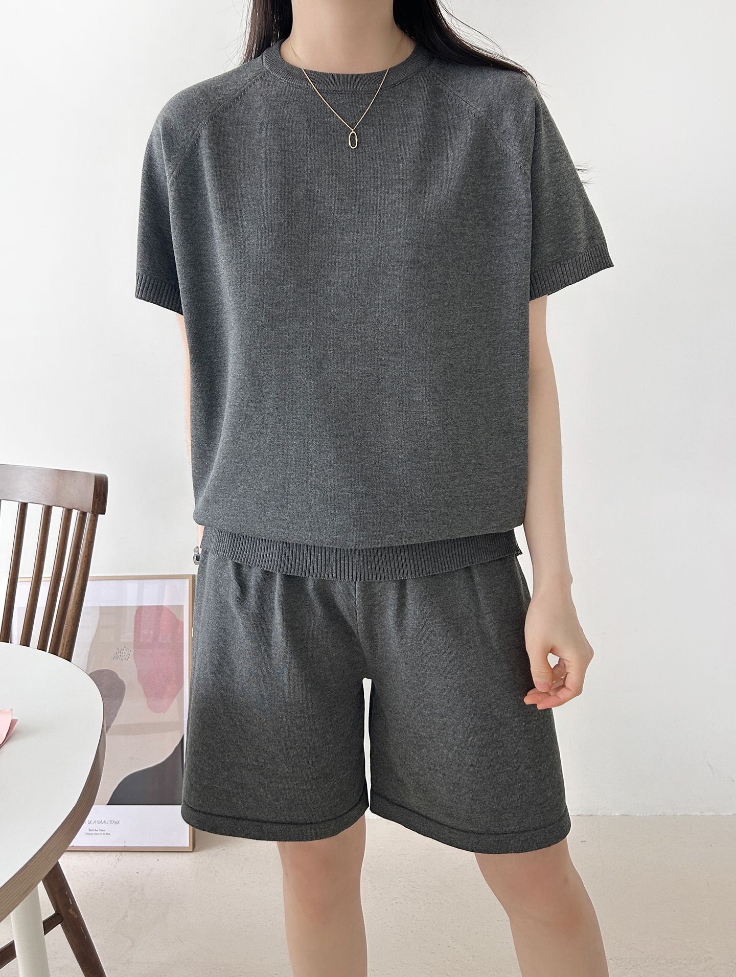 ニットラウンドネックドローストリングウエストゴムラグランショート半袖セットアップ | 詳細画像31