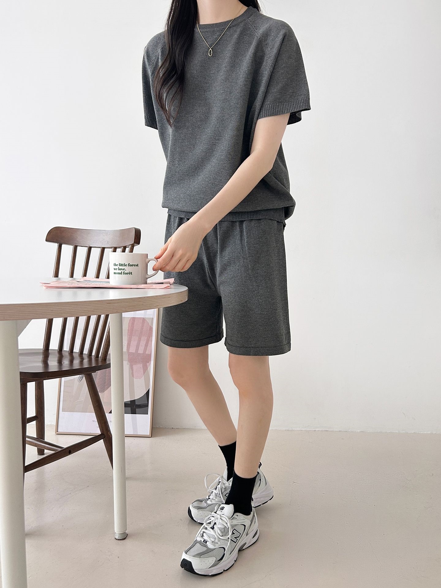 ニットラウンドネックドローストリングウエストゴムラグランショート半袖セットアップ | 詳細画像32