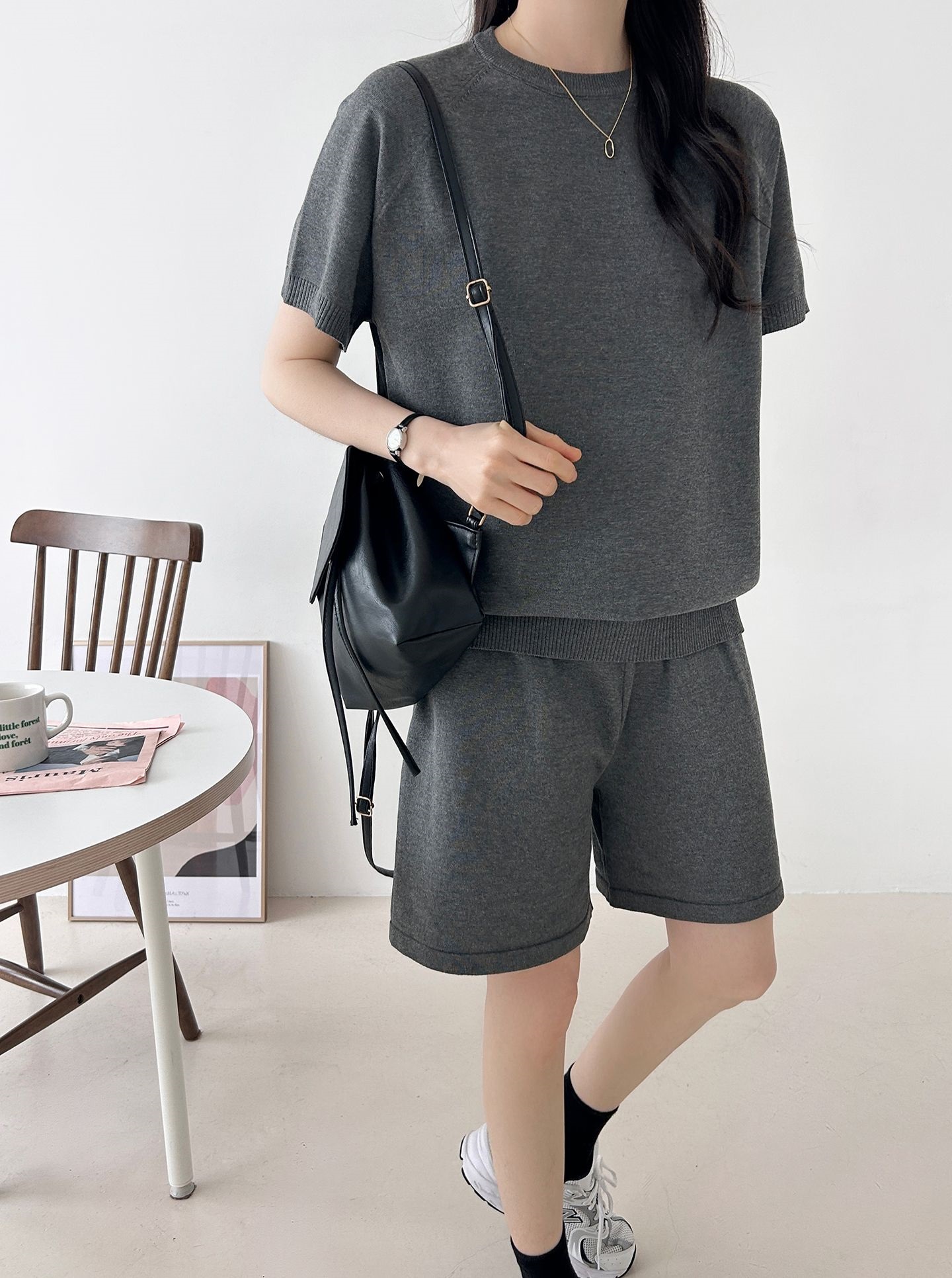 ニットラウンドネックドローストリングウエストゴムラグランショート半袖セットアップ | 詳細画像33