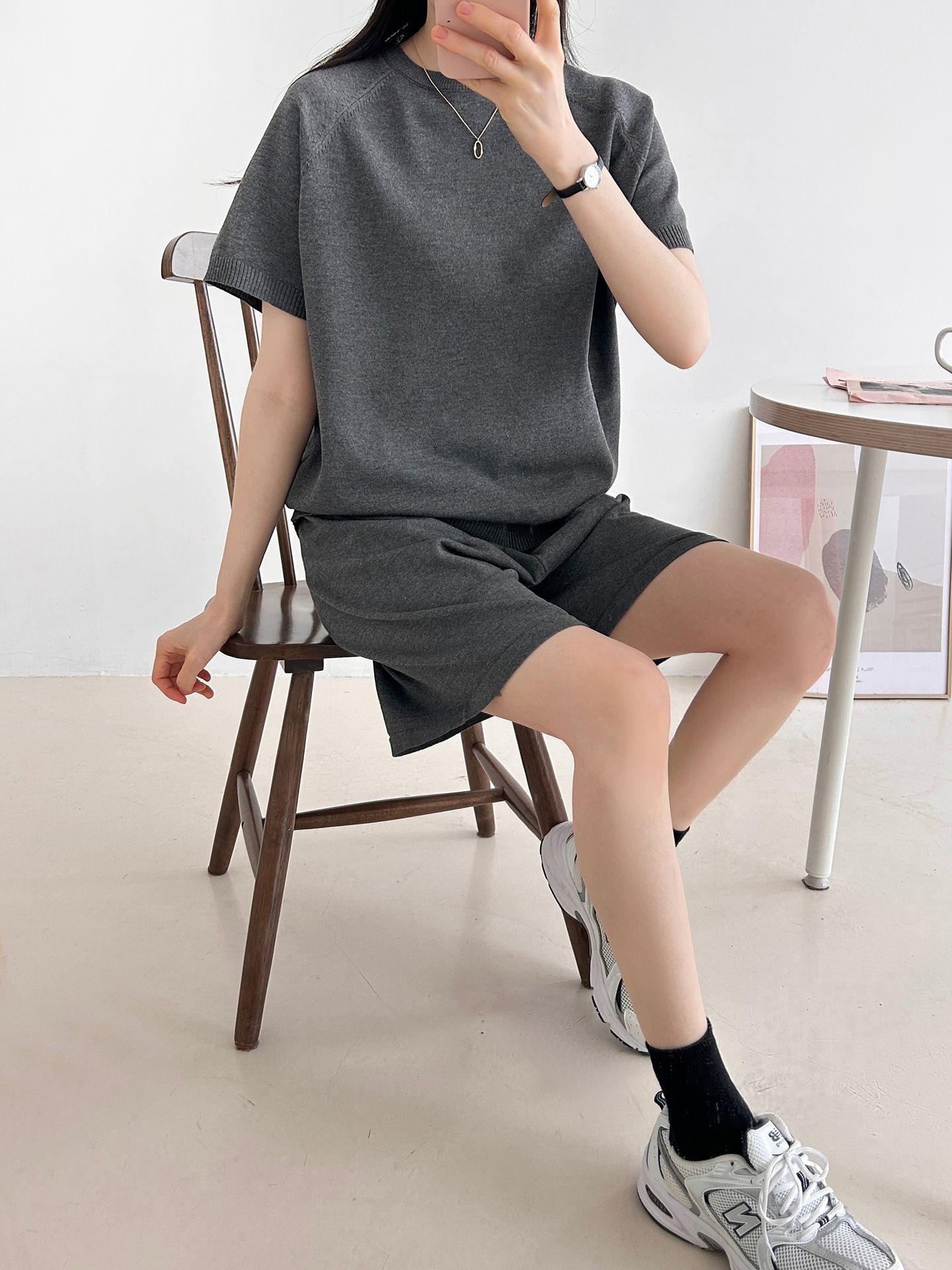 ニットラウンドネックドローストリングウエストゴムラグランショート半袖セットアップ | 詳細画像34