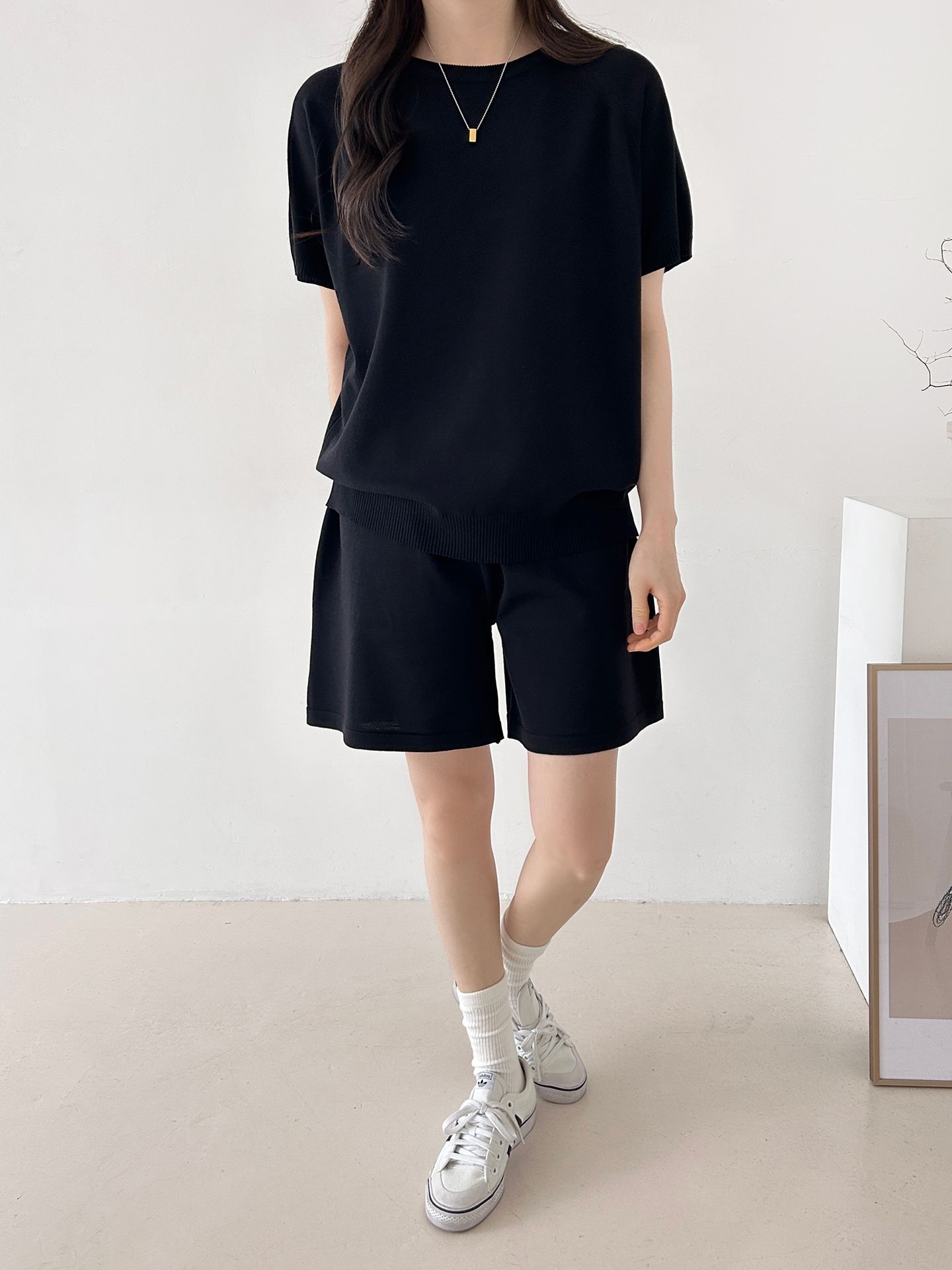 ニットラウンドネックドローストリングウエストゴムラグランショート半袖セットアップ | 詳細画像3