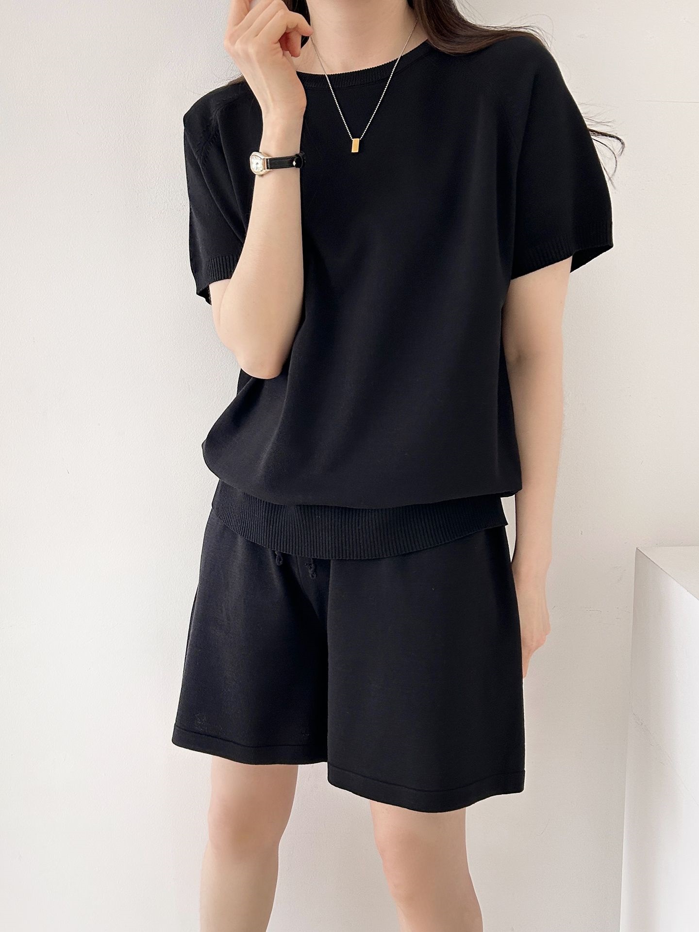 ニットラウンドネックドローストリングウエストゴムラグランショート半袖セットアップ | 詳細画像5
