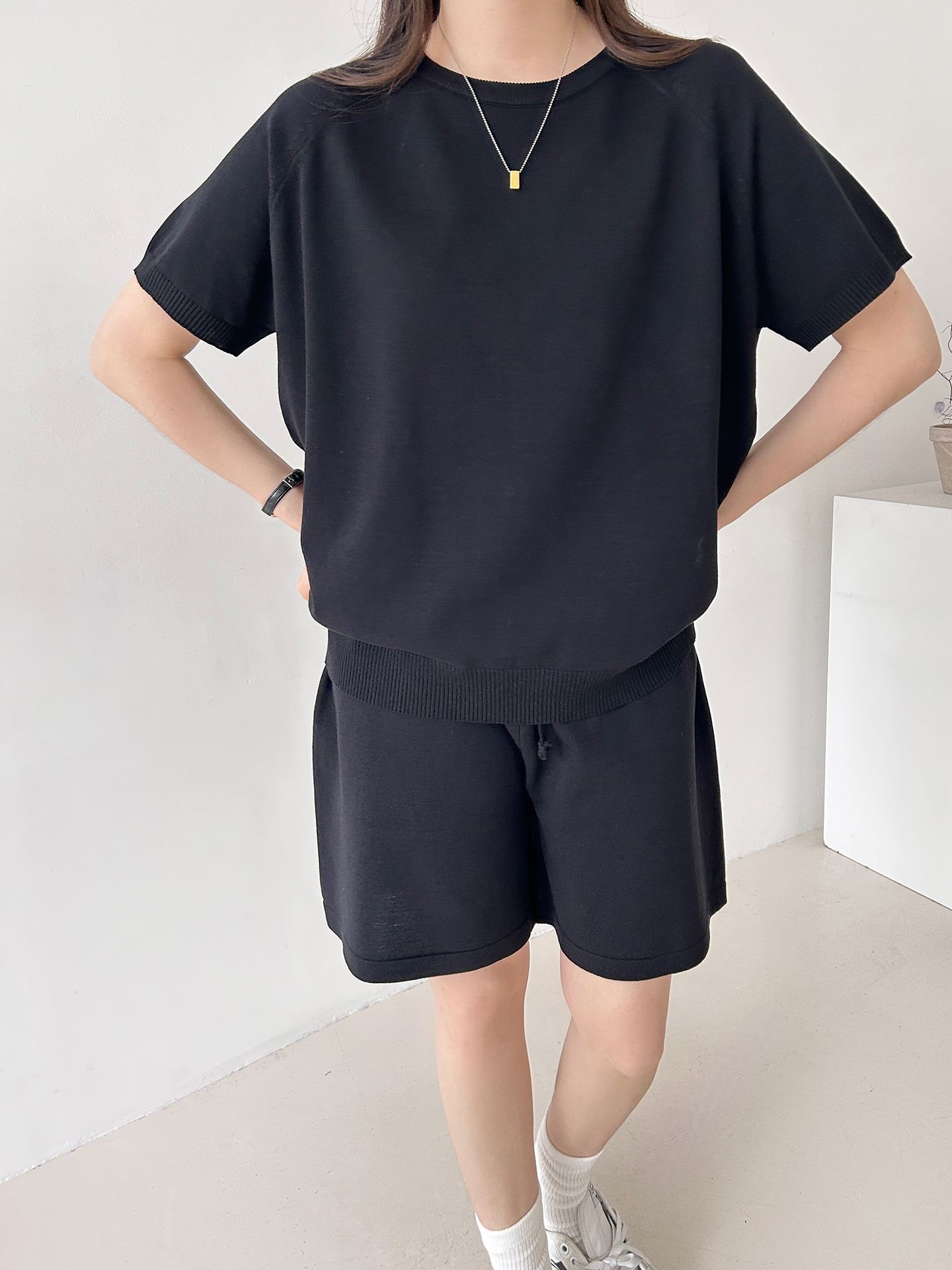 ニットラウンドネックドローストリングウエストゴムラグランショート半袖セットアップ | 詳細画像7