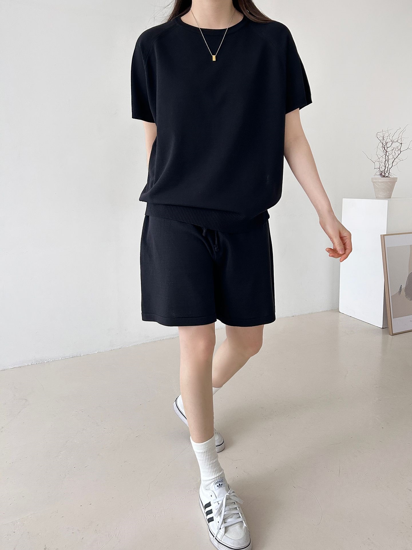 ニットラウンドネックドローストリングウエストゴムラグランショート半袖セットアップ | 詳細画像9