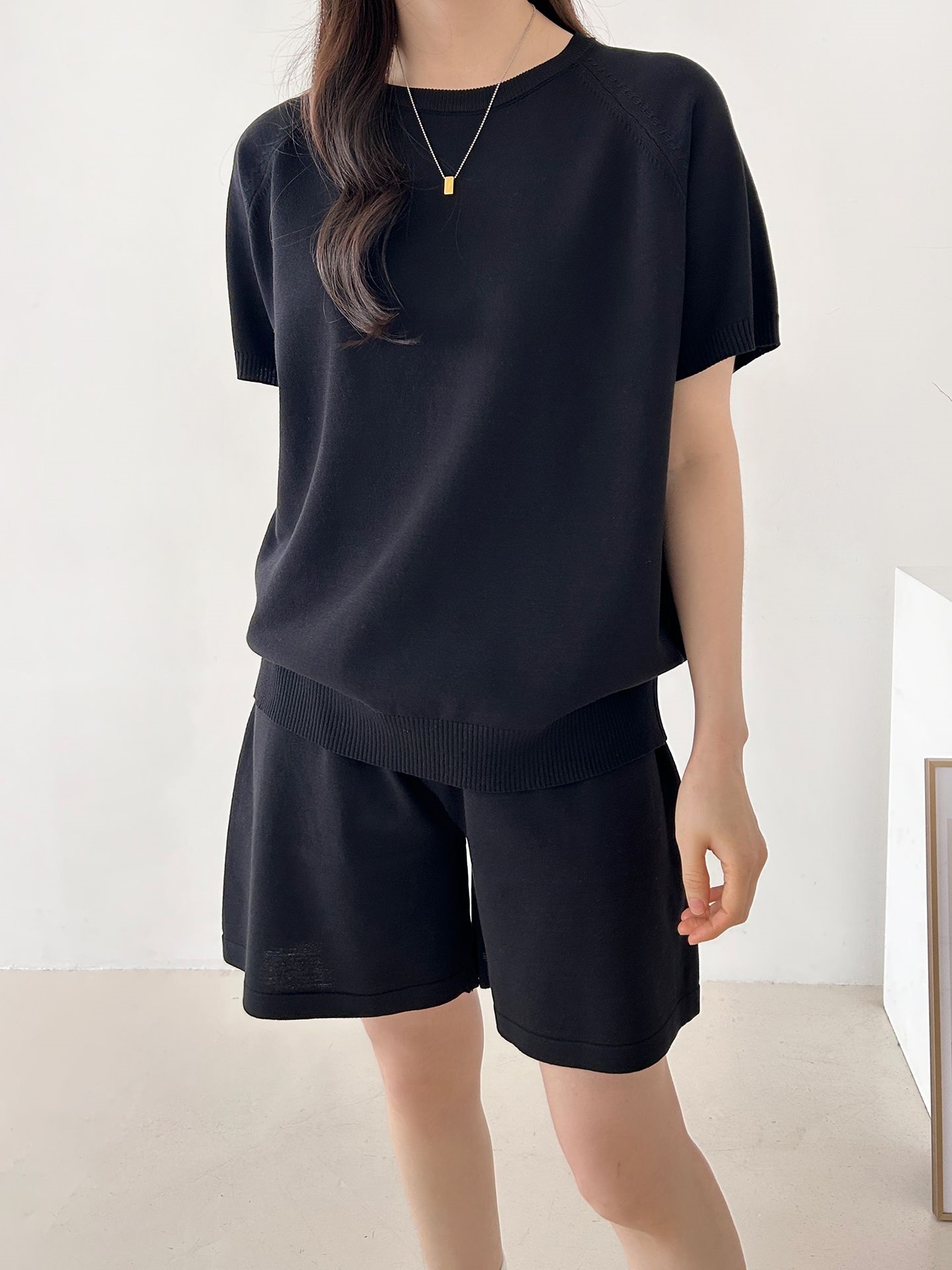 ニットラウンドネックドローストリングウエストゴムラグランショート半袖セットアップ | 詳細画像11