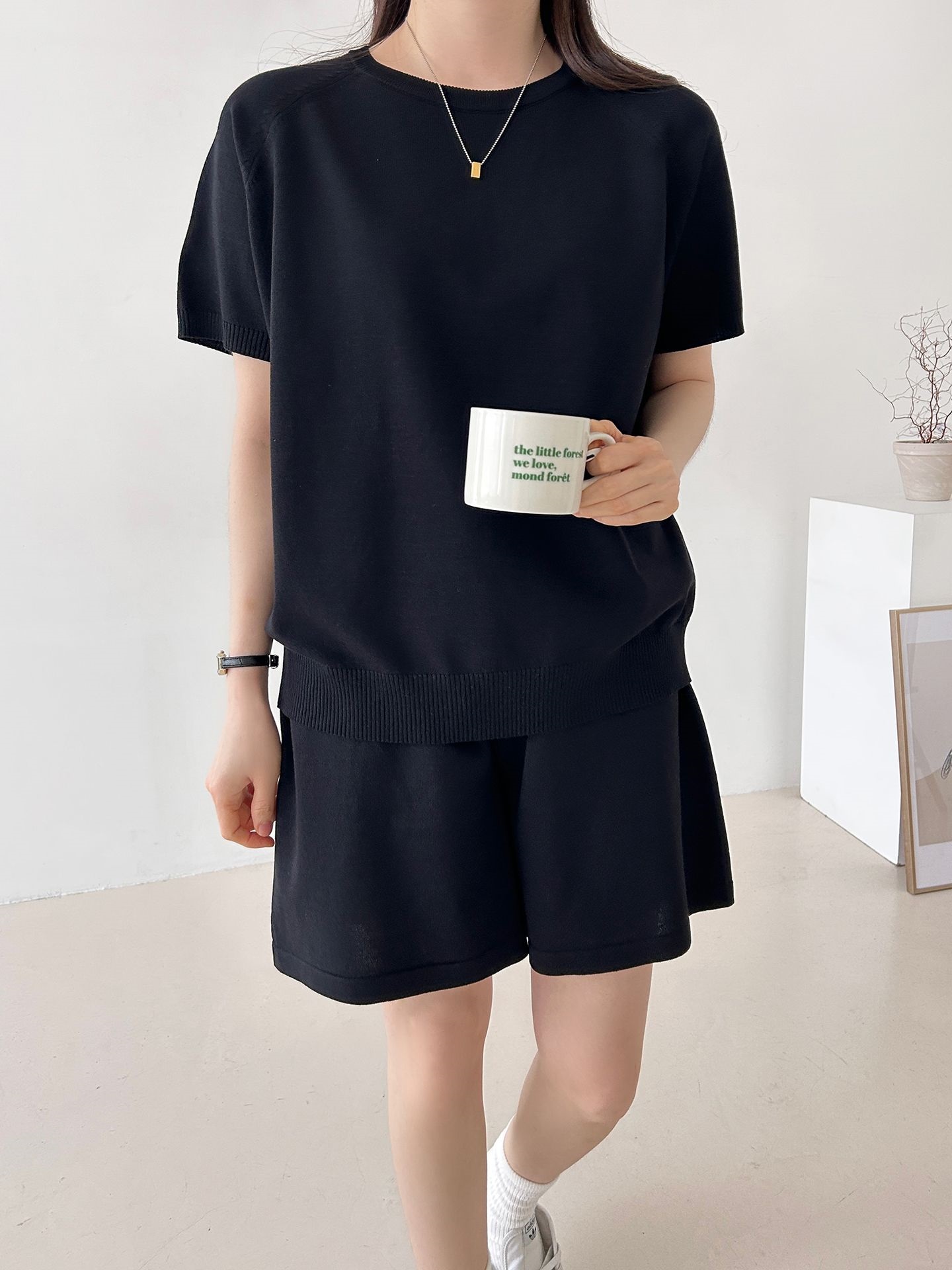 ニットラウンドネックドローストリングウエストゴムラグランショート半袖セットアップ | 詳細画像13