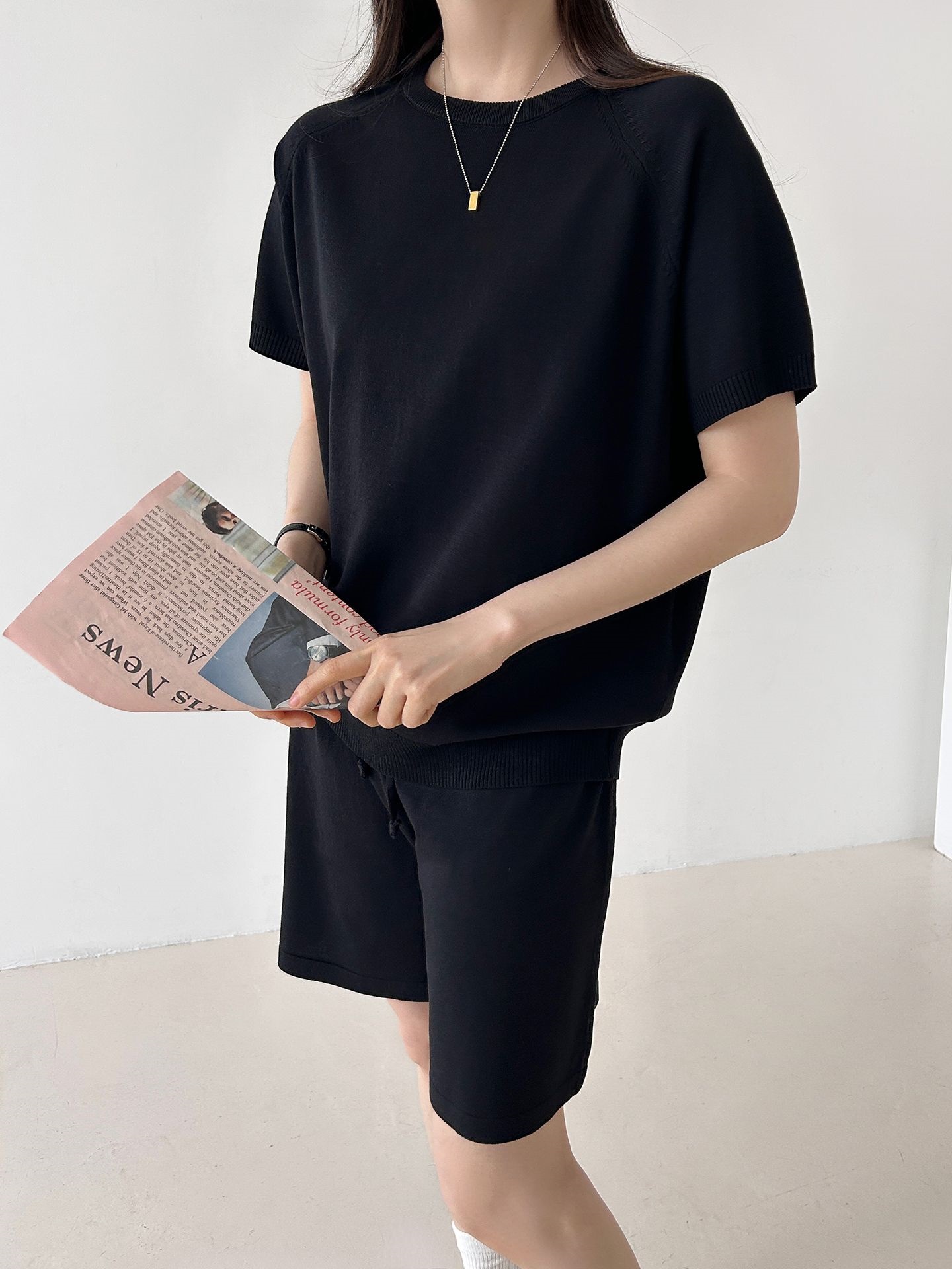 ニットラウンドネックドローストリングウエストゴムラグランショート半袖セットアップ | 詳細画像15