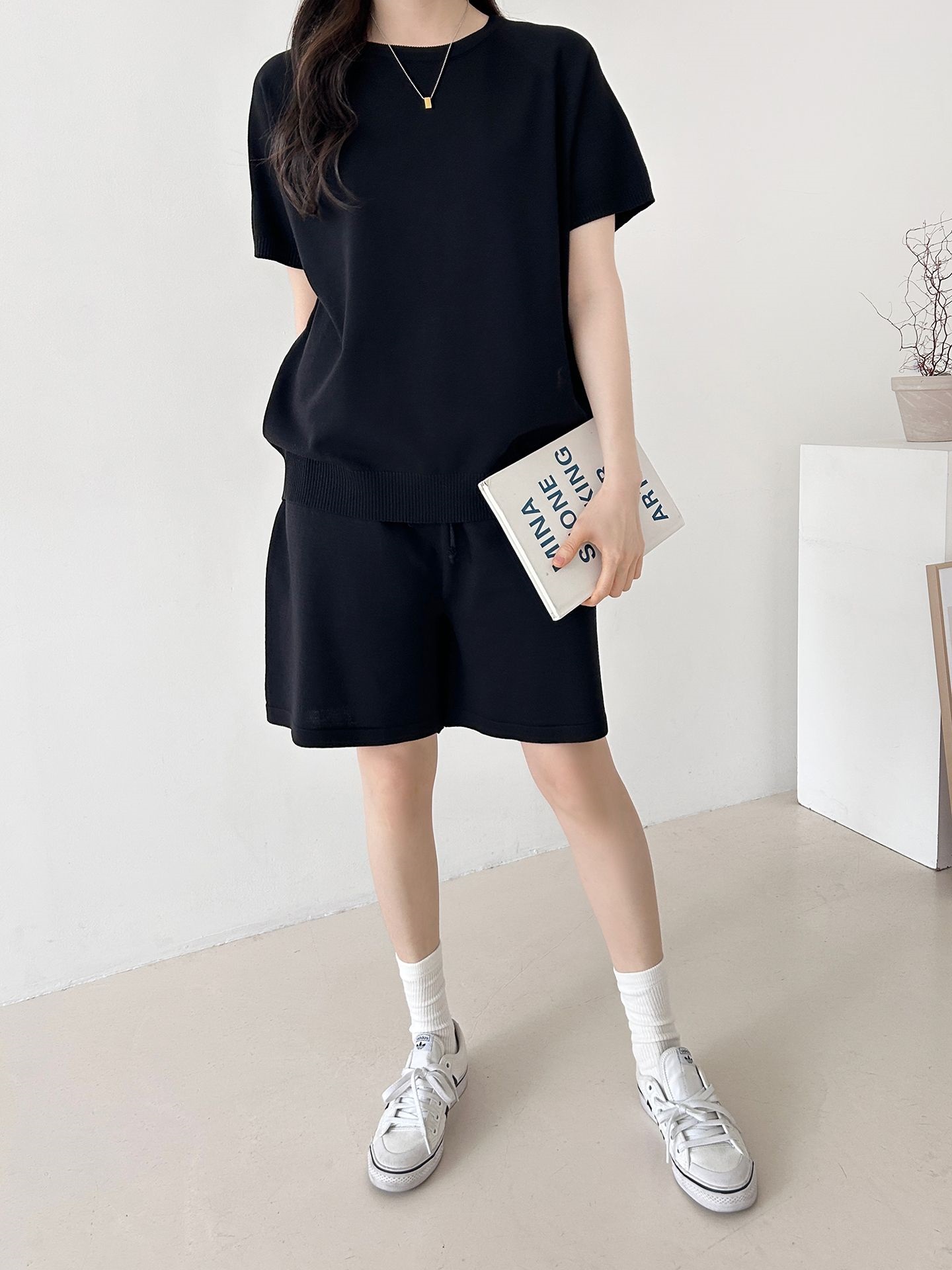 ニットラウンドネックドローストリングウエストゴムラグランショート半袖セットアップ | 詳細画像17