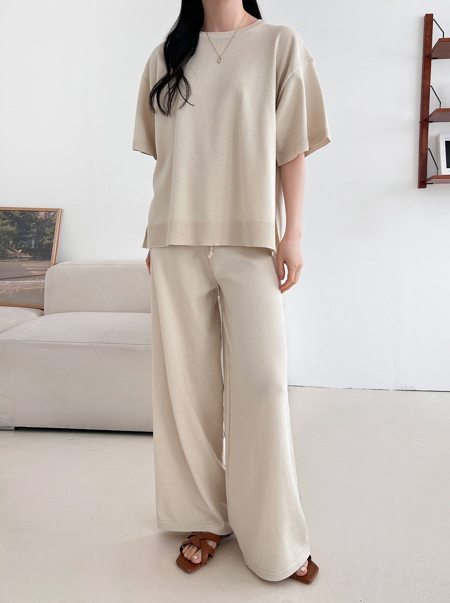 ニットラウンドネックドローストリングスリットウエストゴム半袖セットアップ | 詳細画像4