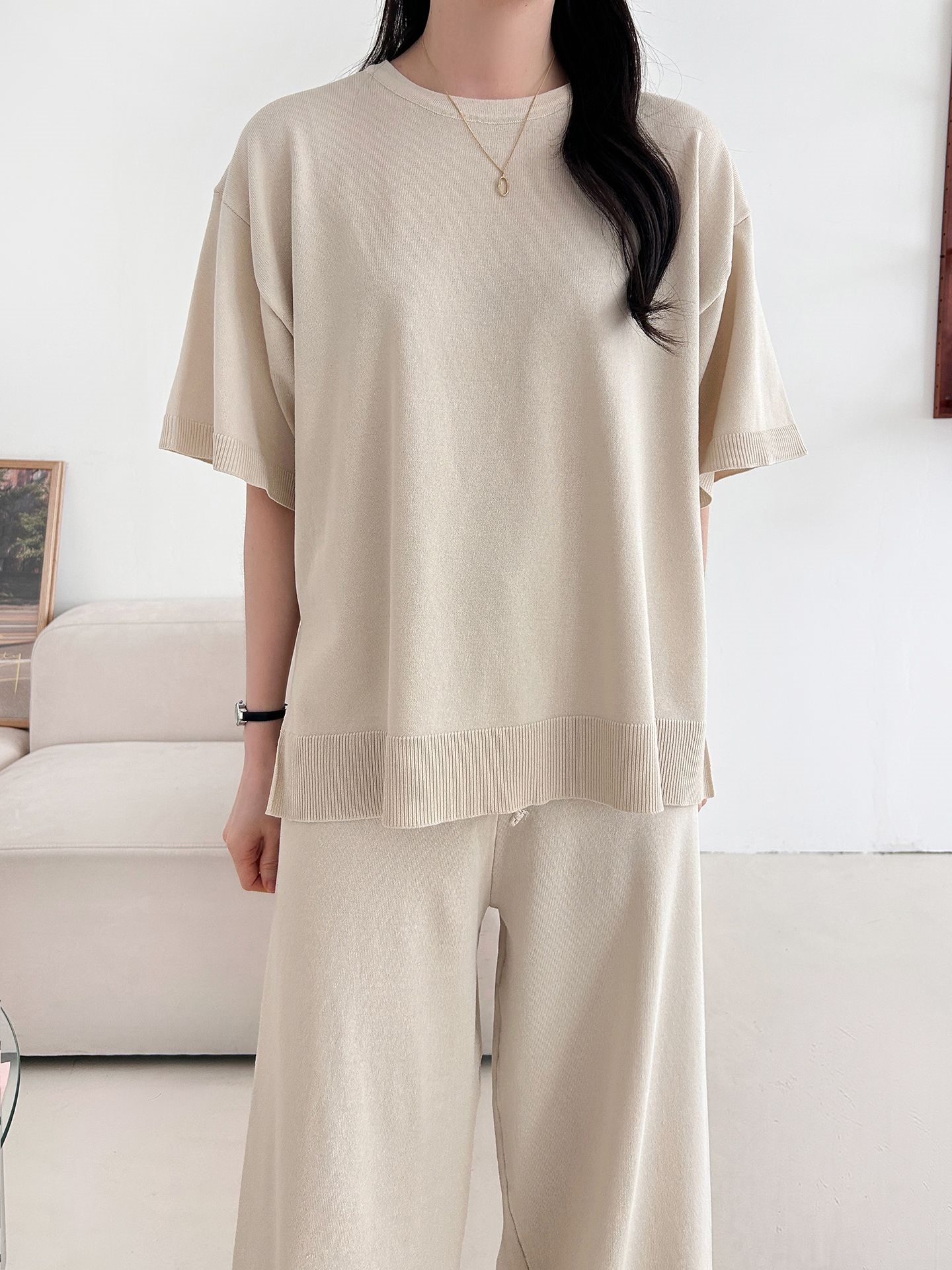 ニットラウンドネックドローストリングスリットウエストゴム半袖セットアップ | 詳細画像8