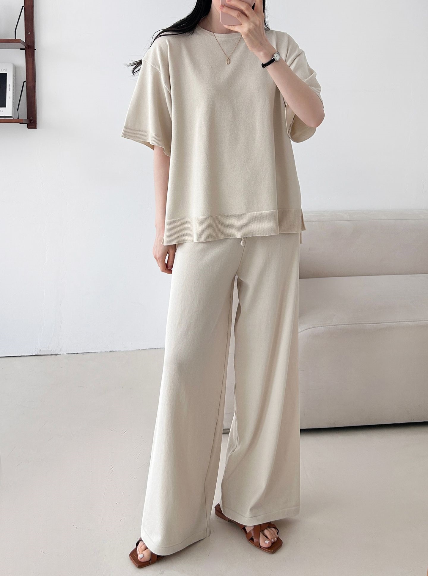 ニットラウンドネックドローストリングスリットウエストゴム半袖セットアップ | 詳細画像12