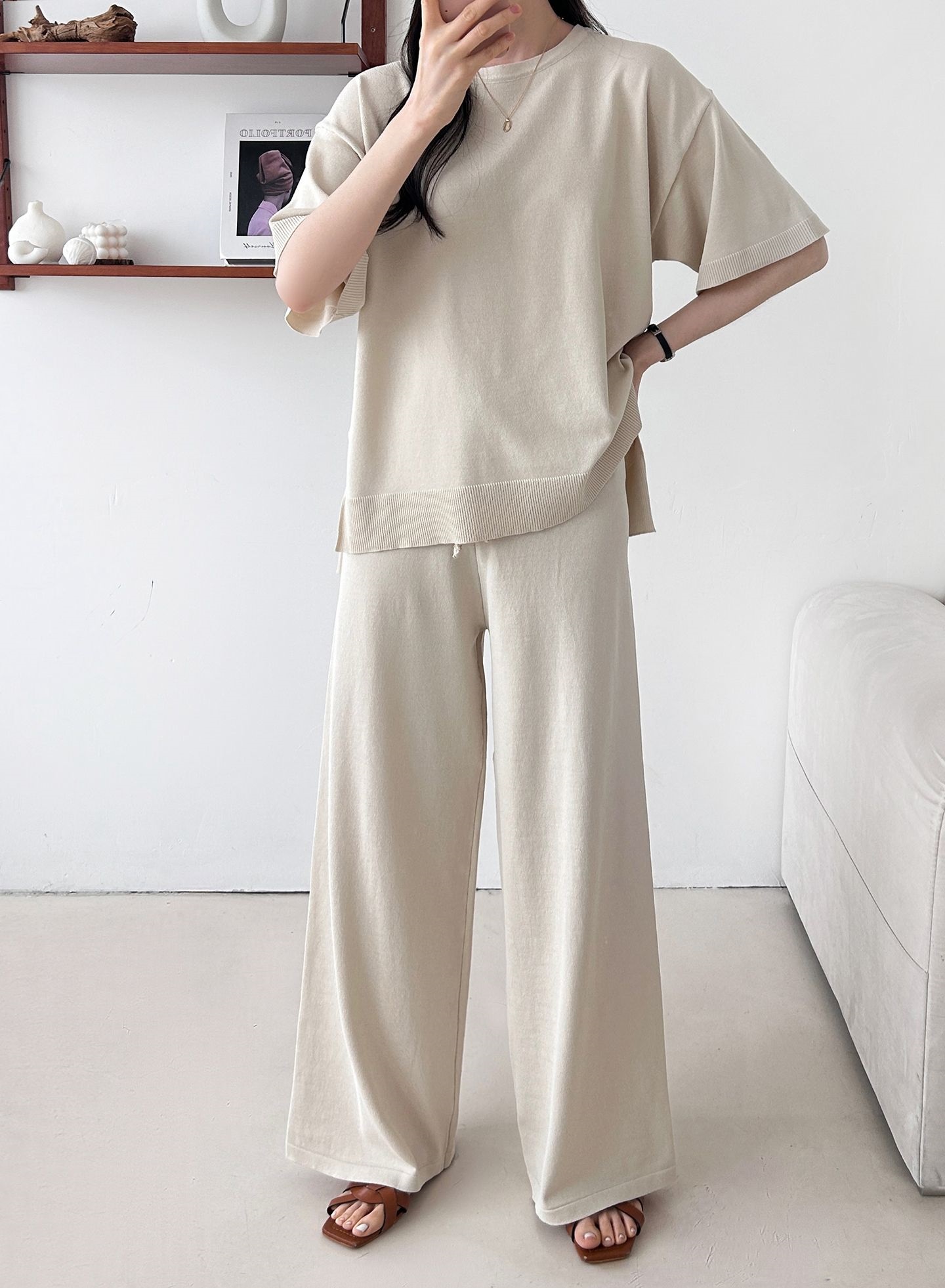 ニットラウンドネックドローストリングスリットウエストゴム半袖セットアップ | 詳細画像14