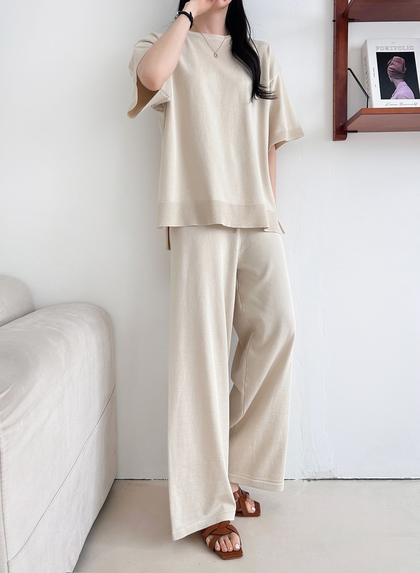 ニットラウンドネックドローストリングスリットウエストゴム半袖セットアップ | 詳細画像16