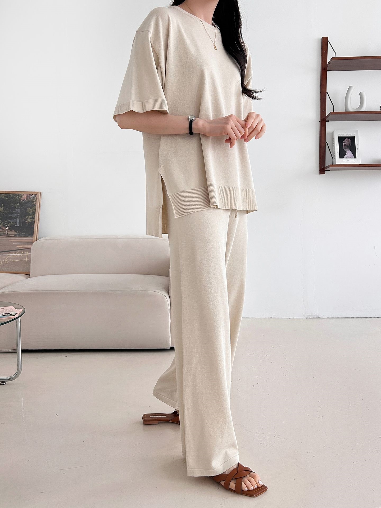 ニットラウンドネックドローストリングスリットウエストゴム半袖セットアップ | 詳細画像18