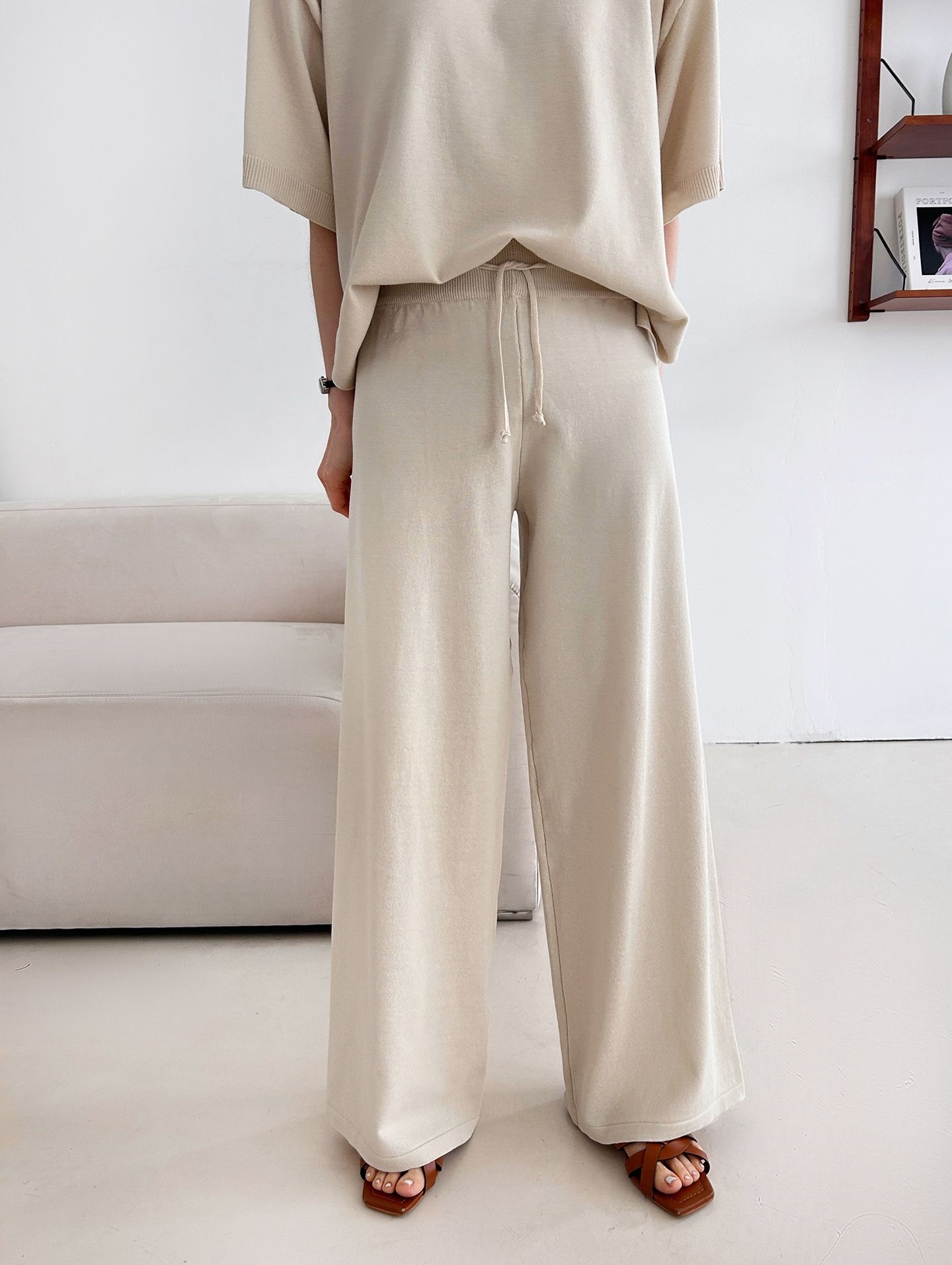 ニットラウンドネックドローストリングスリットウエストゴム半袖セットアップ | 詳細画像20