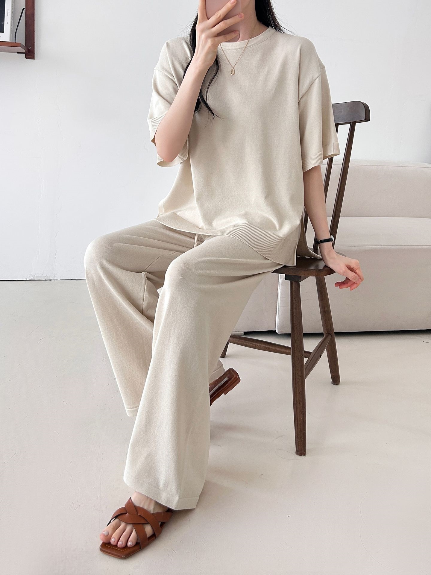 ニットラウンドネックドローストリングスリットウエストゴム半袖セットアップ | 詳細画像22