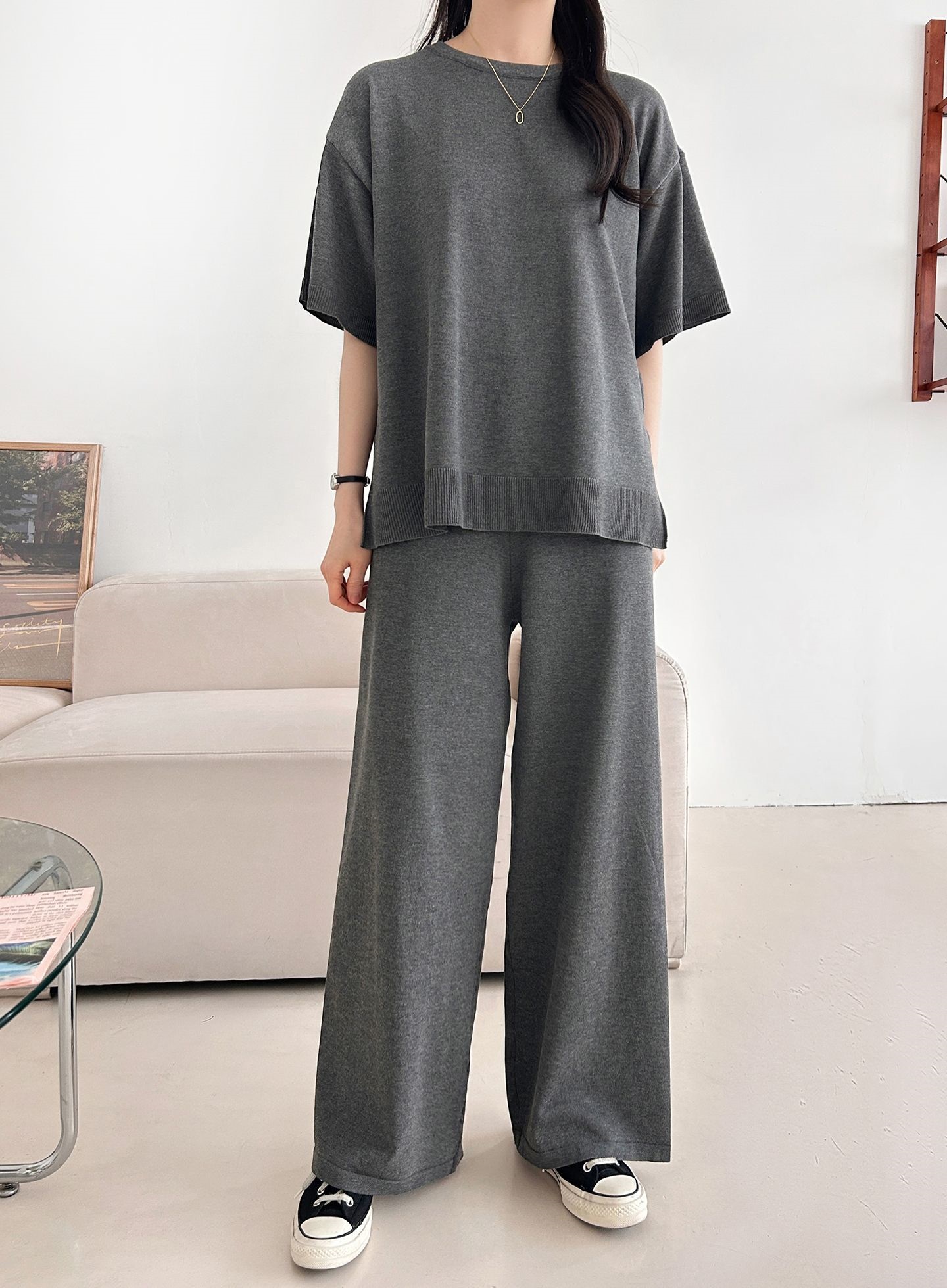 ニットラウンドネックドローストリングスリットウエストゴム半袖セットアップ | 詳細画像5