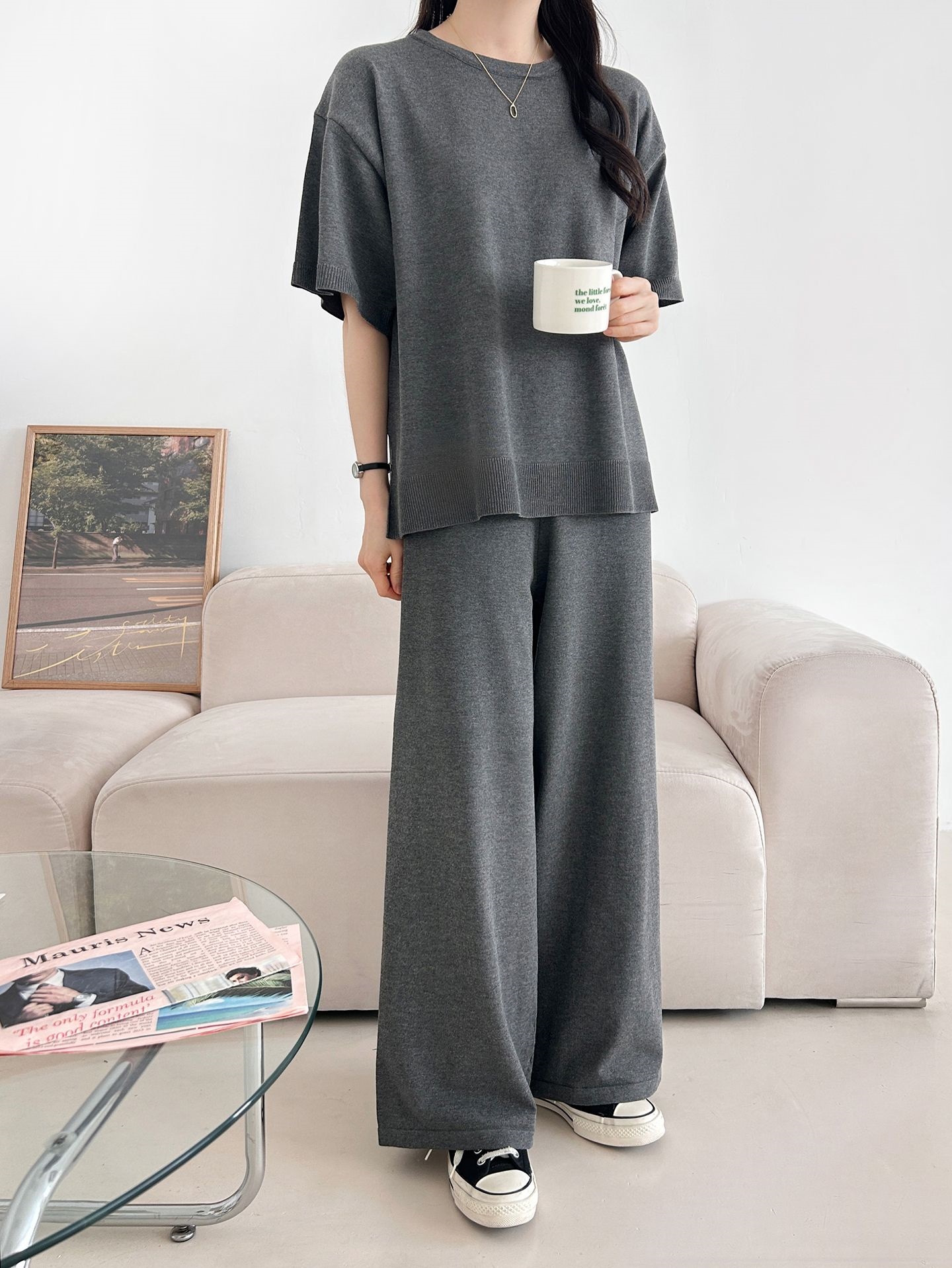 ニットラウンドネックドローストリングスリットウエストゴム半袖セットアップ | 詳細画像7