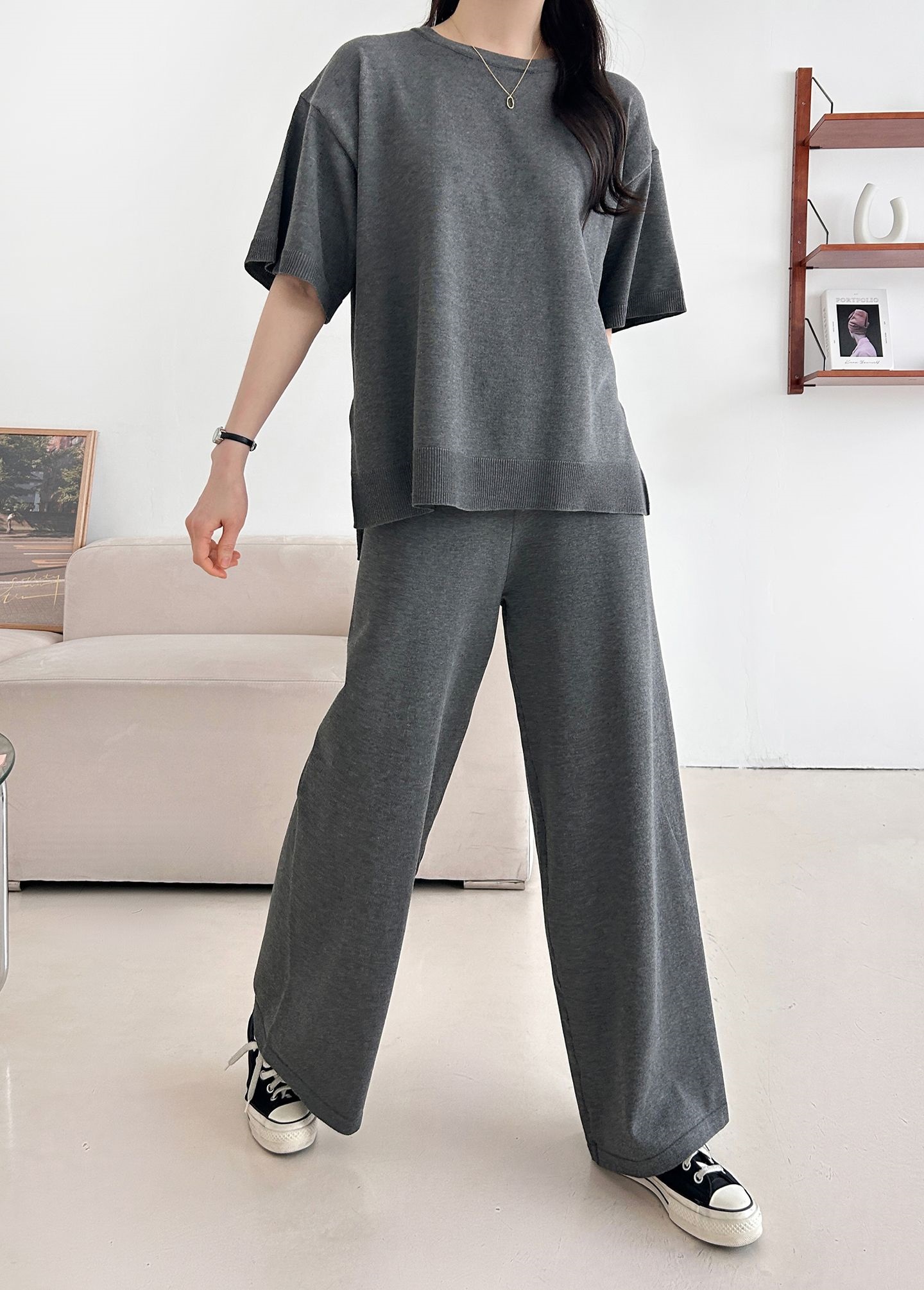 ニットラウンドネックドローストリングスリットウエストゴム半袖セットアップ | 詳細画像9