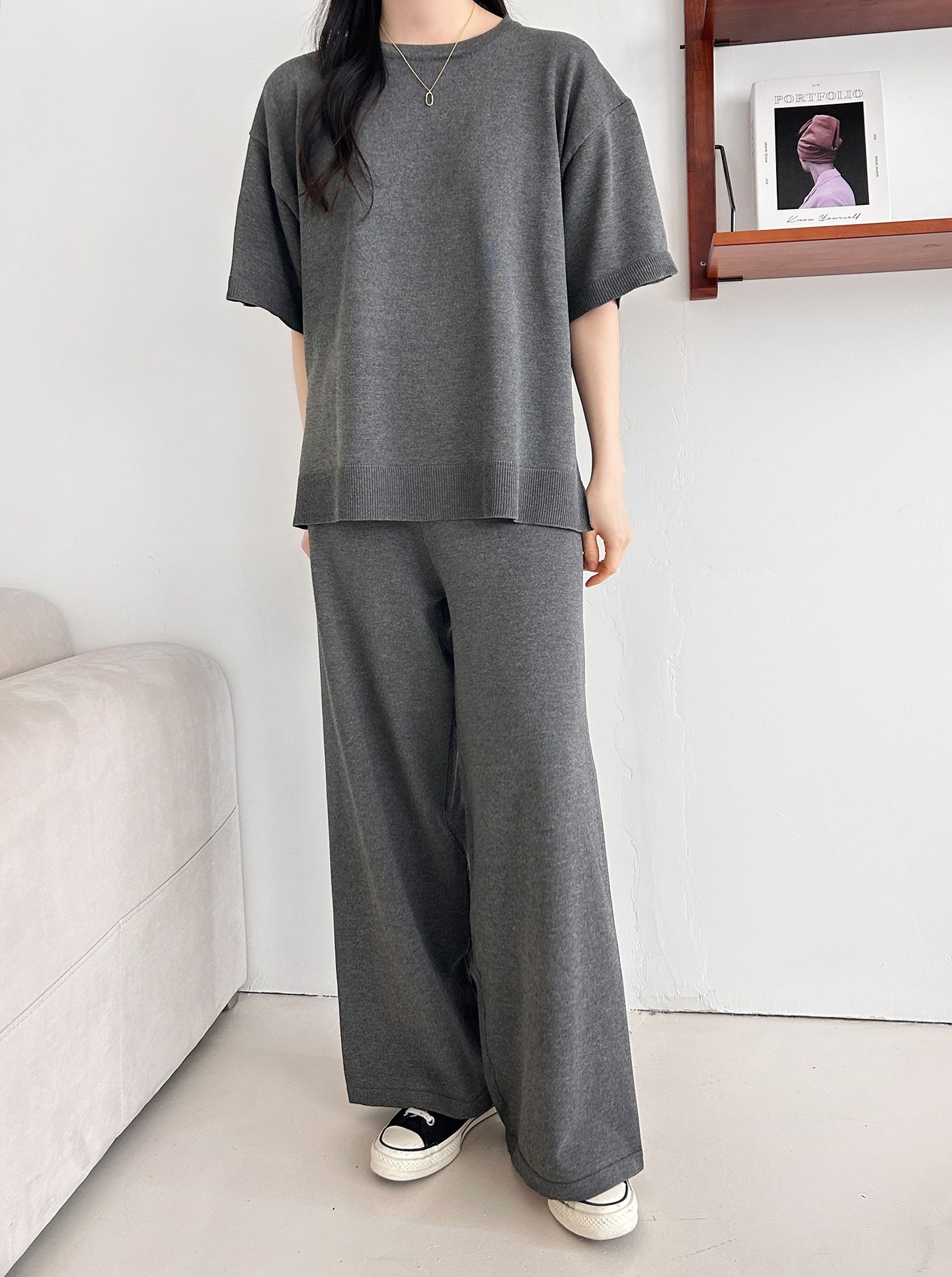 ニットラウンドネックドローストリングスリットウエストゴム半袖セットアップ | 詳細画像11