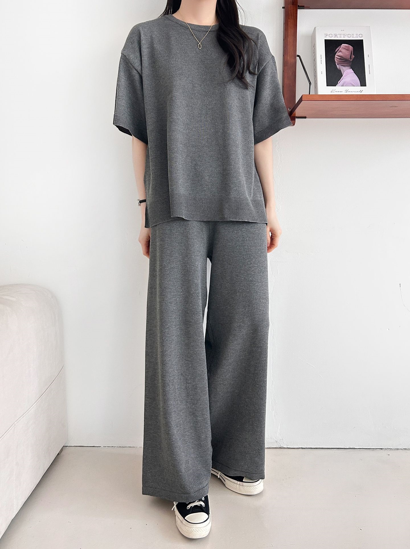 ニットラウンドネックドローストリングスリットウエストゴム半袖セットアップ | 詳細画像13