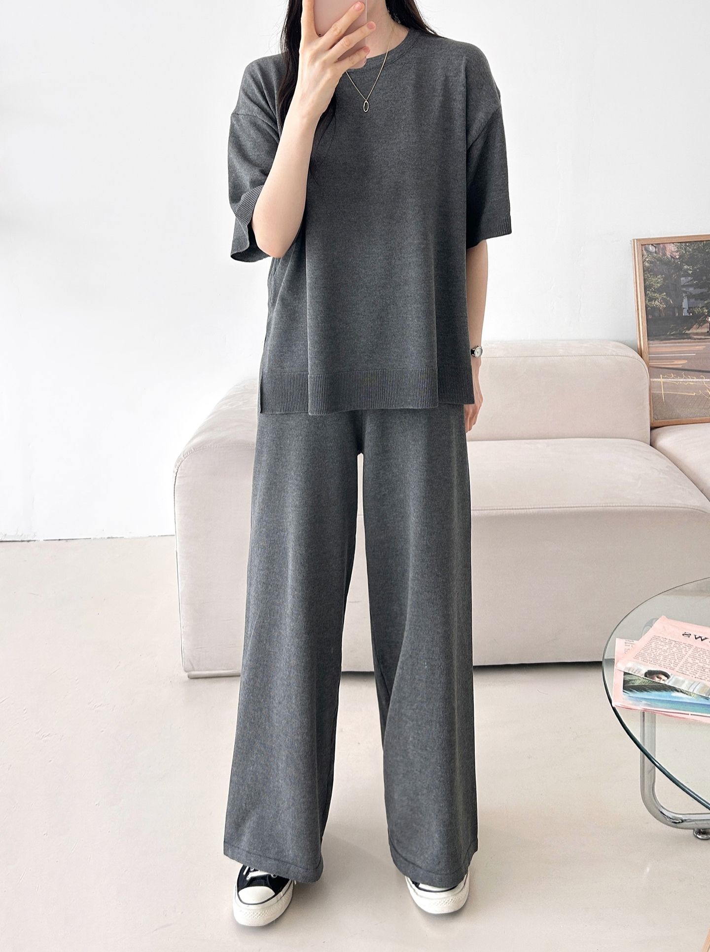 ニットラウンドネックドローストリングスリットウエストゴム半袖セットアップ | 詳細画像15