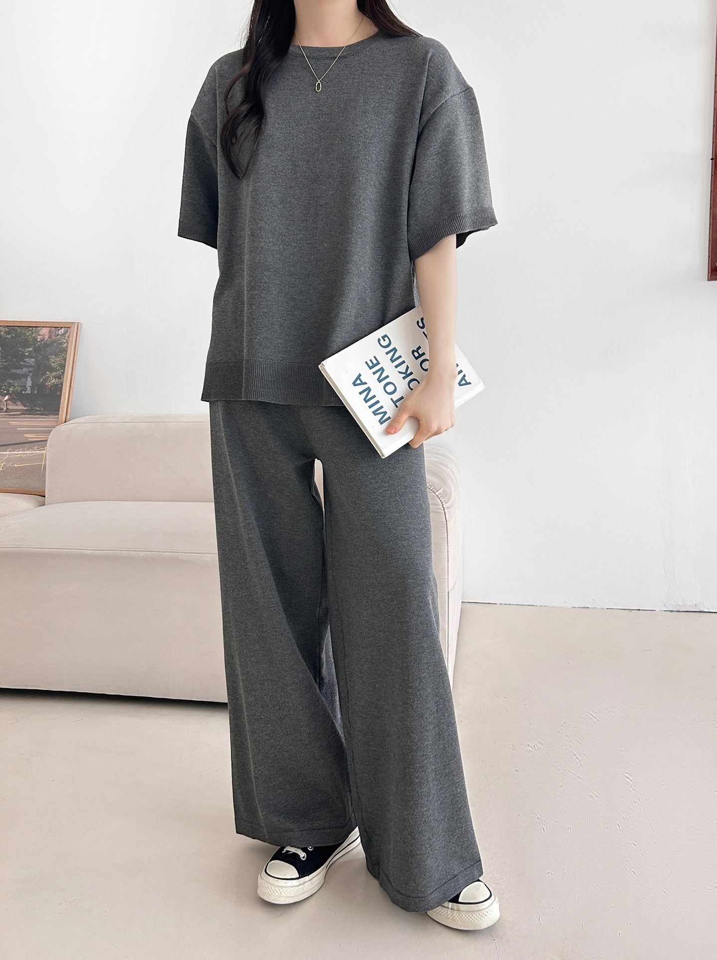 ニットラウンドネックドローストリングスリットウエストゴム半袖セットアップ | 詳細画像17