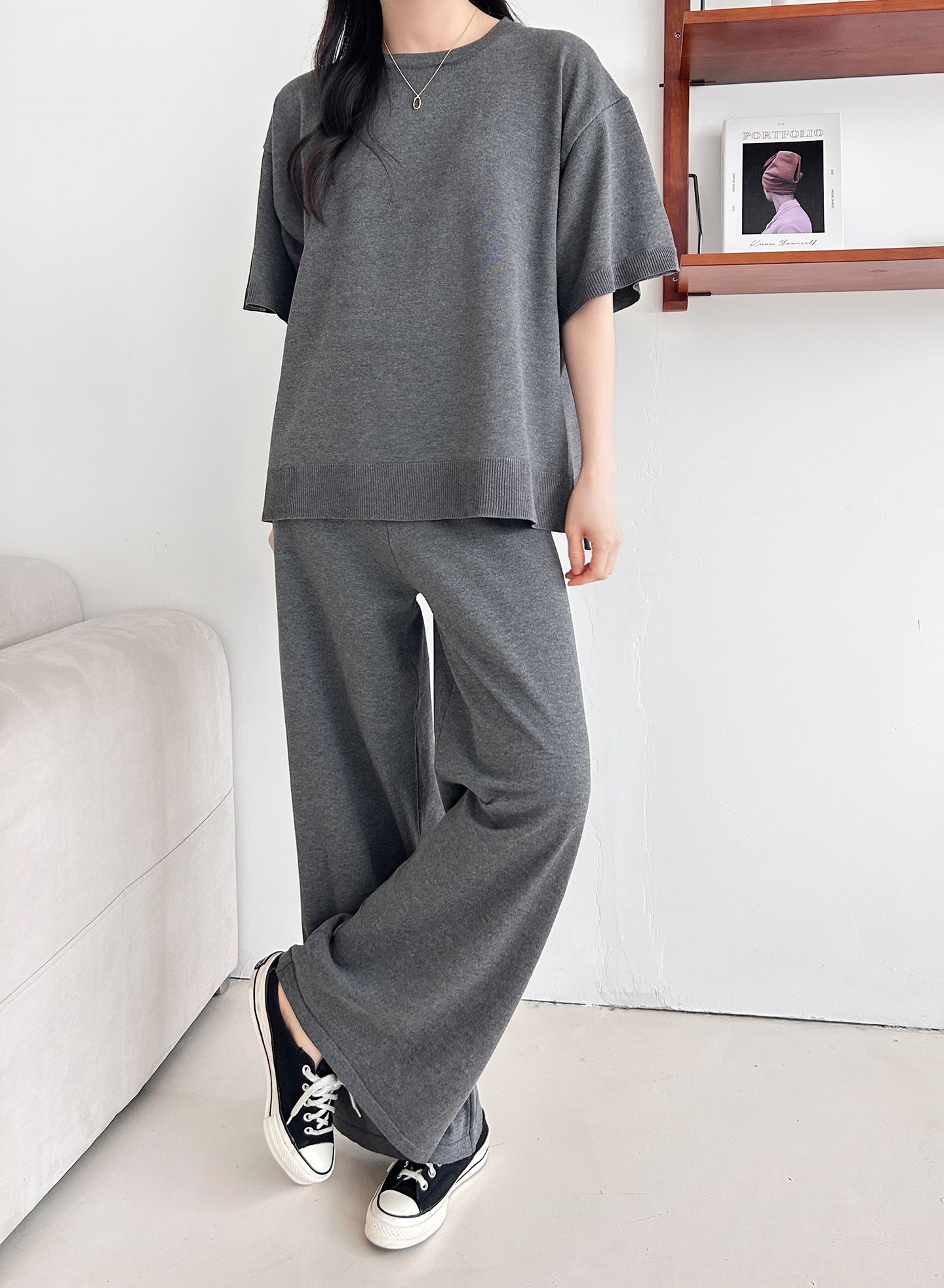 ニットラウンドネックドローストリングスリットウエストゴム半袖セットアップ | 詳細画像19