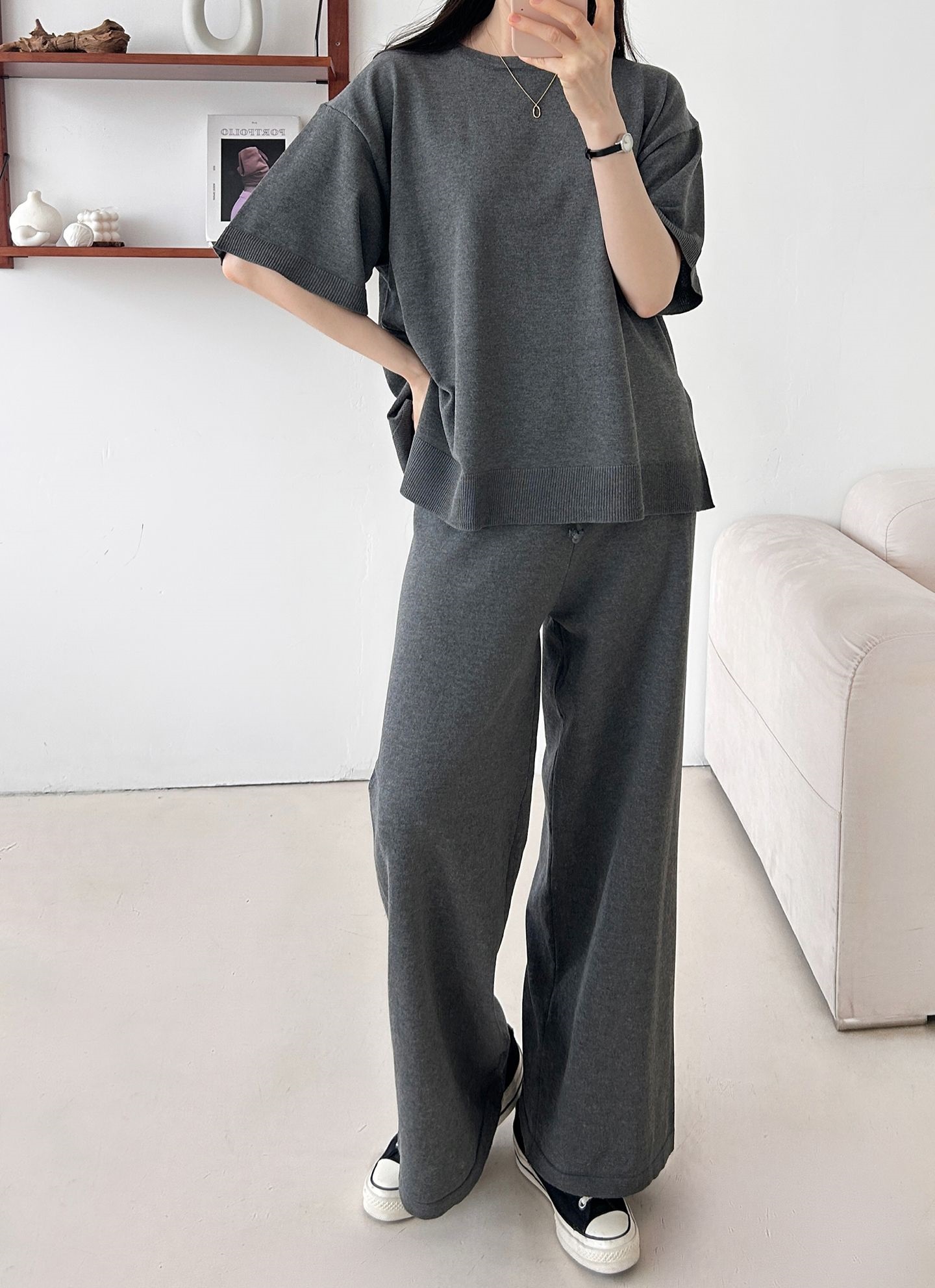 ニットラウンドネックドローストリングスリットウエストゴム半袖セットアップ | 詳細画像21