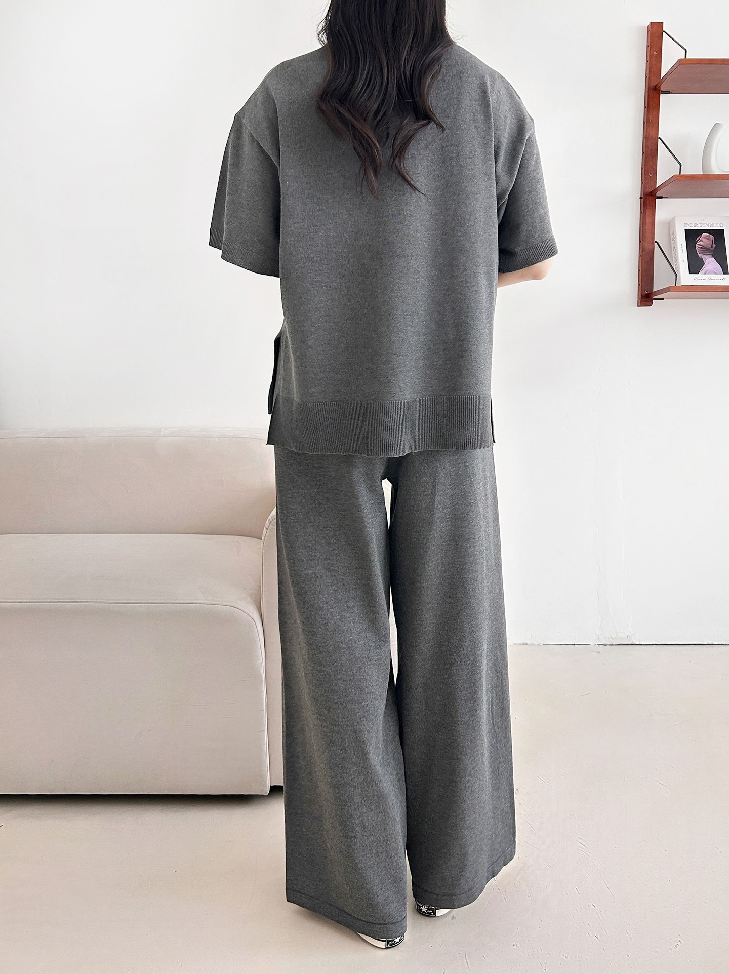 ニットラウンドネックドローストリングスリットウエストゴム半袖セットアップ | 詳細画像23