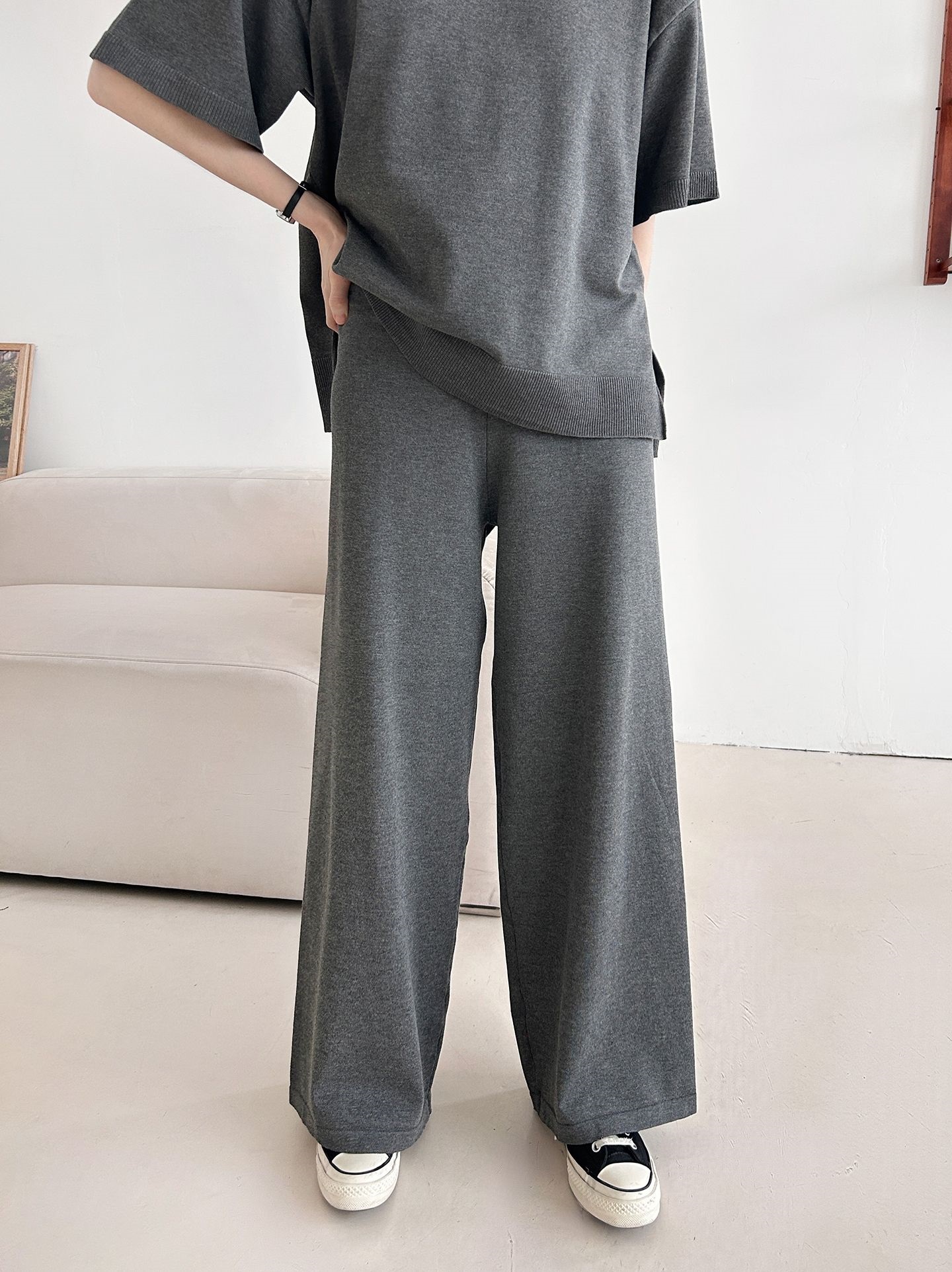 ニットラウンドネックドローストリングスリットウエストゴム半袖セットアップ | 詳細画像24