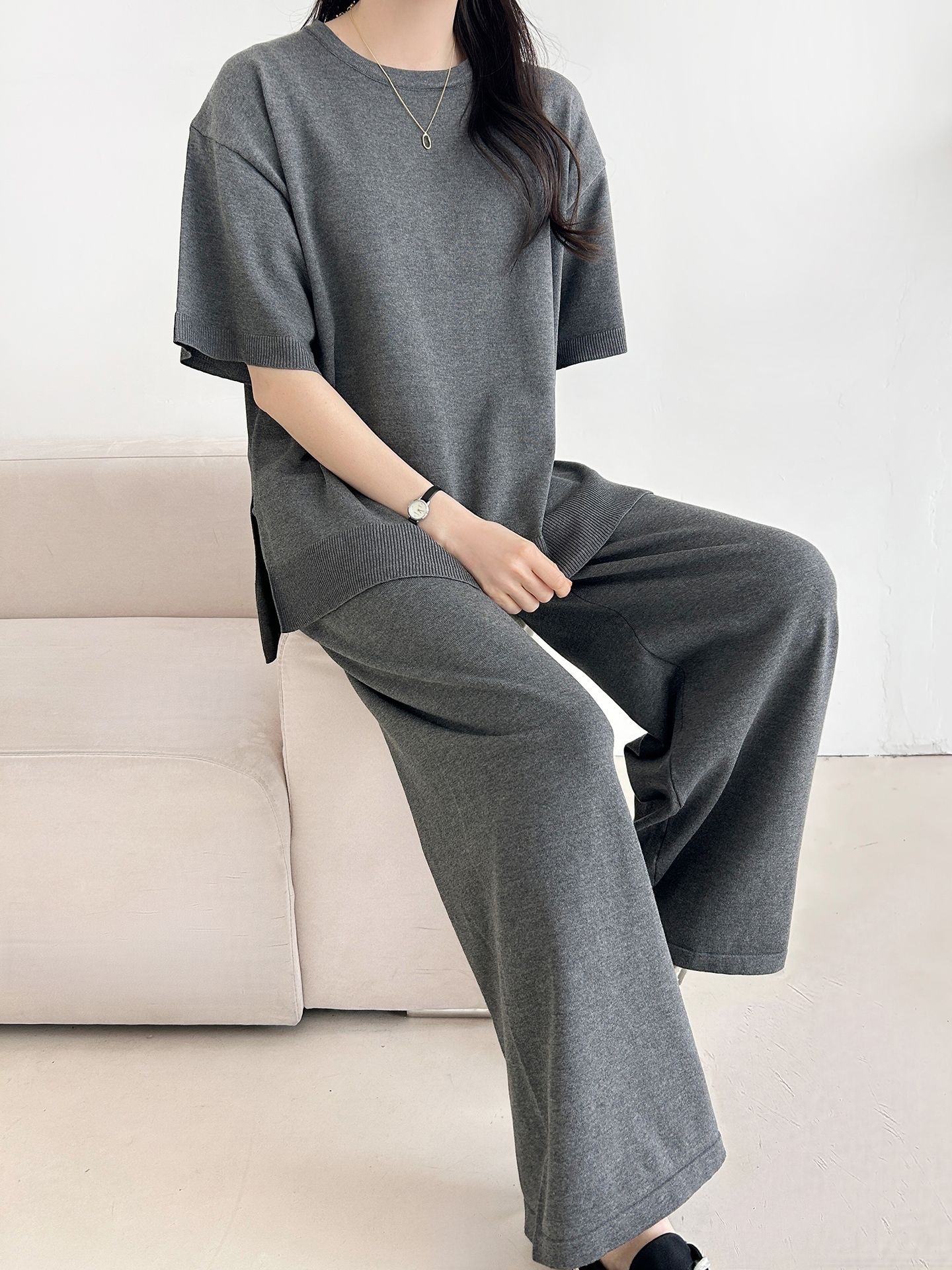 ニットラウンドネックドローストリングスリットウエストゴム半袖セットアップ | 詳細画像25