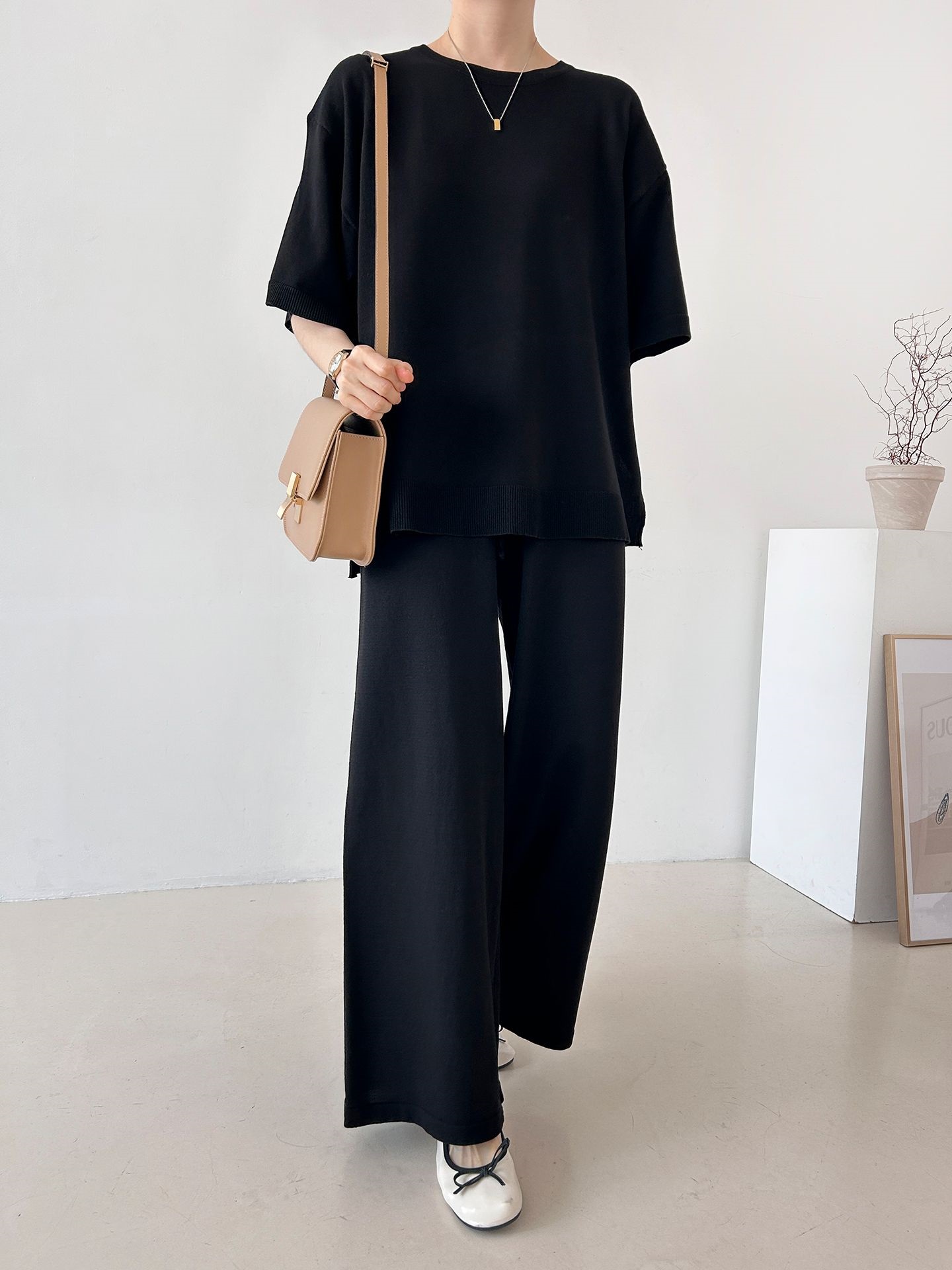 ニットラウンドネックドローストリングスリットウエストゴム半袖セットアップ | 詳細画像26