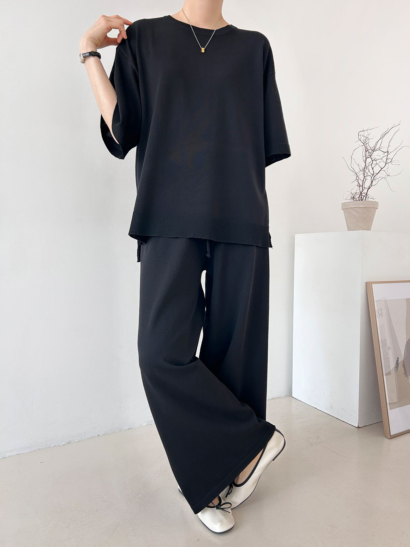 ニットラウンドネックドローストリングスリットウエストゴム半袖セットアップ | 詳細画像27