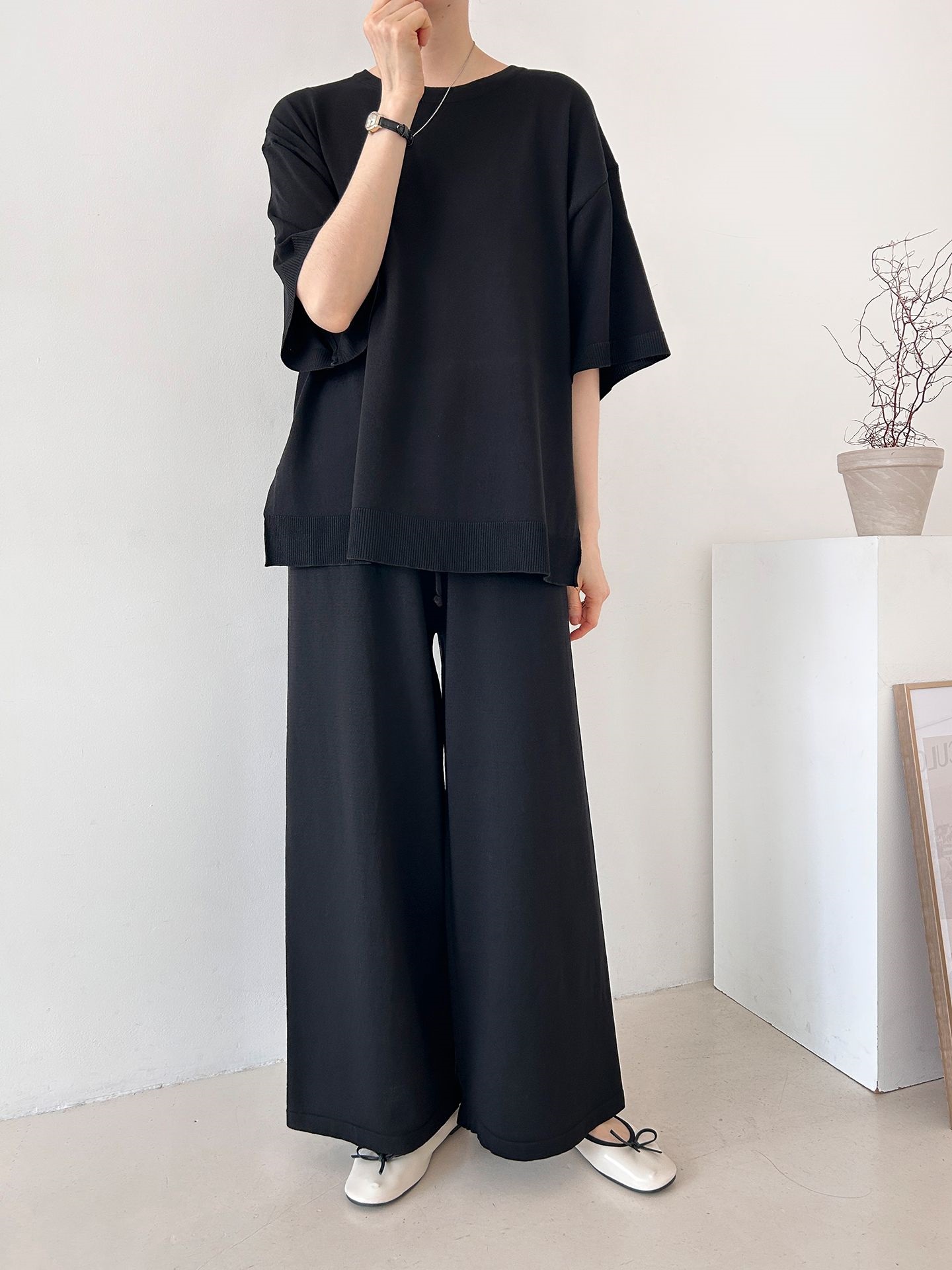 ニットラウンドネックドローストリングスリットウエストゴム半袖セットアップ | 詳細画像28