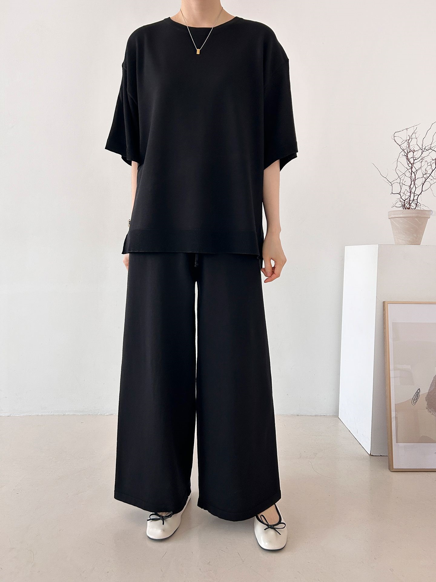 ニットラウンドネックドローストリングスリットウエストゴム半袖セットアップ | 詳細画像29