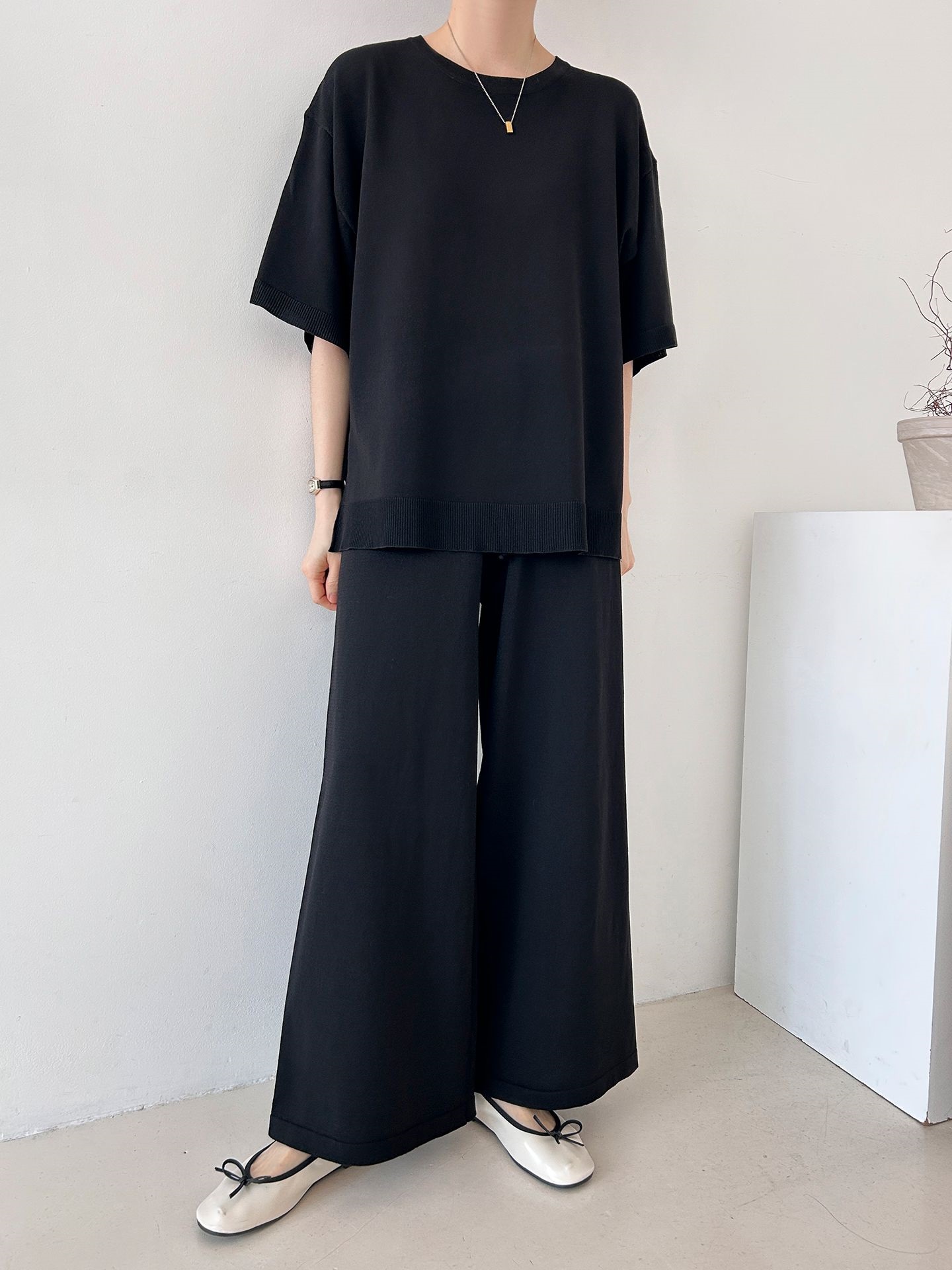 ニットラウンドネックドローストリングスリットウエストゴム半袖セットアップ | 詳細画像30