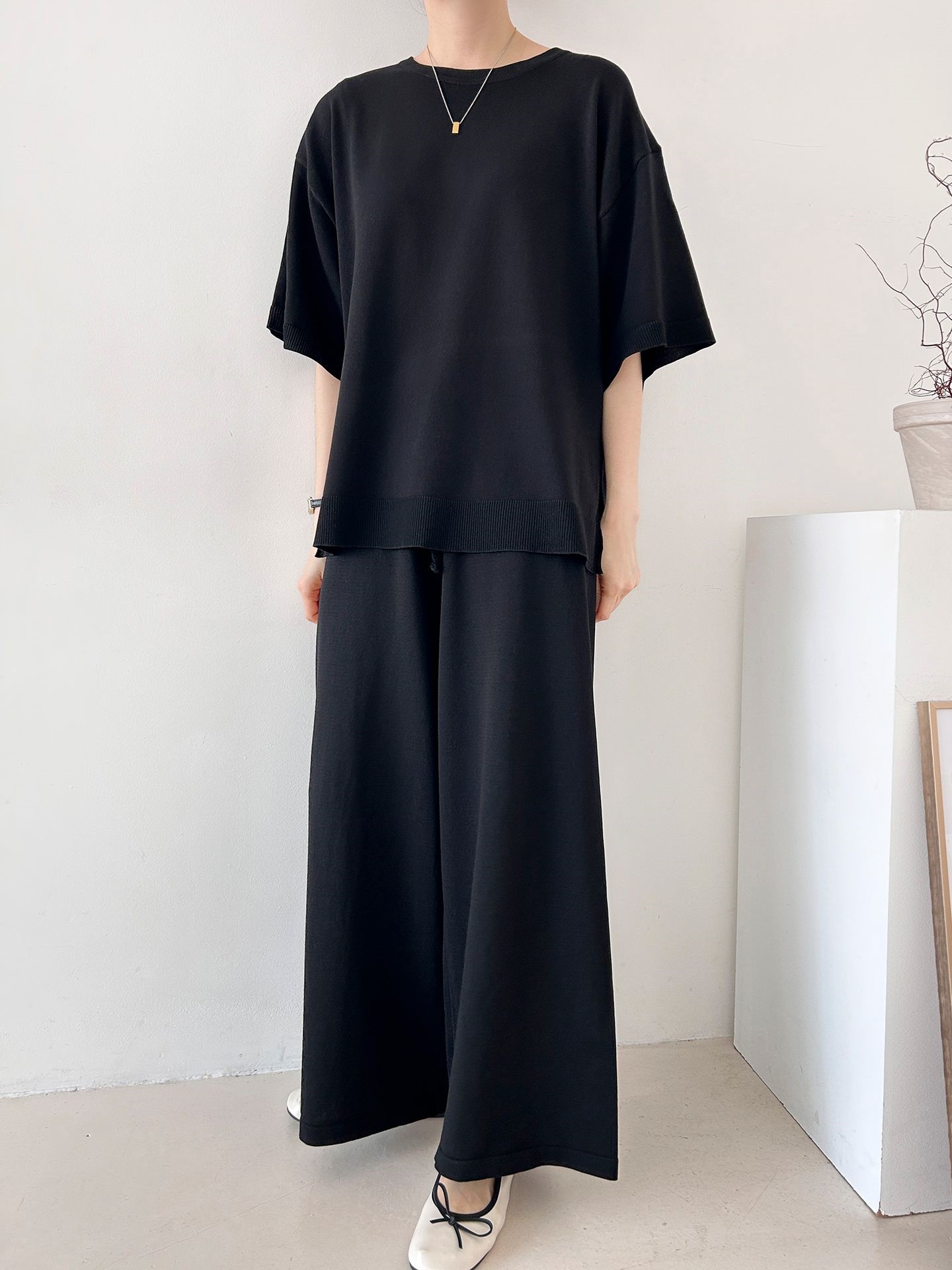 ニットラウンドネックドローストリングスリットウエストゴム半袖セットアップ | 詳細画像31