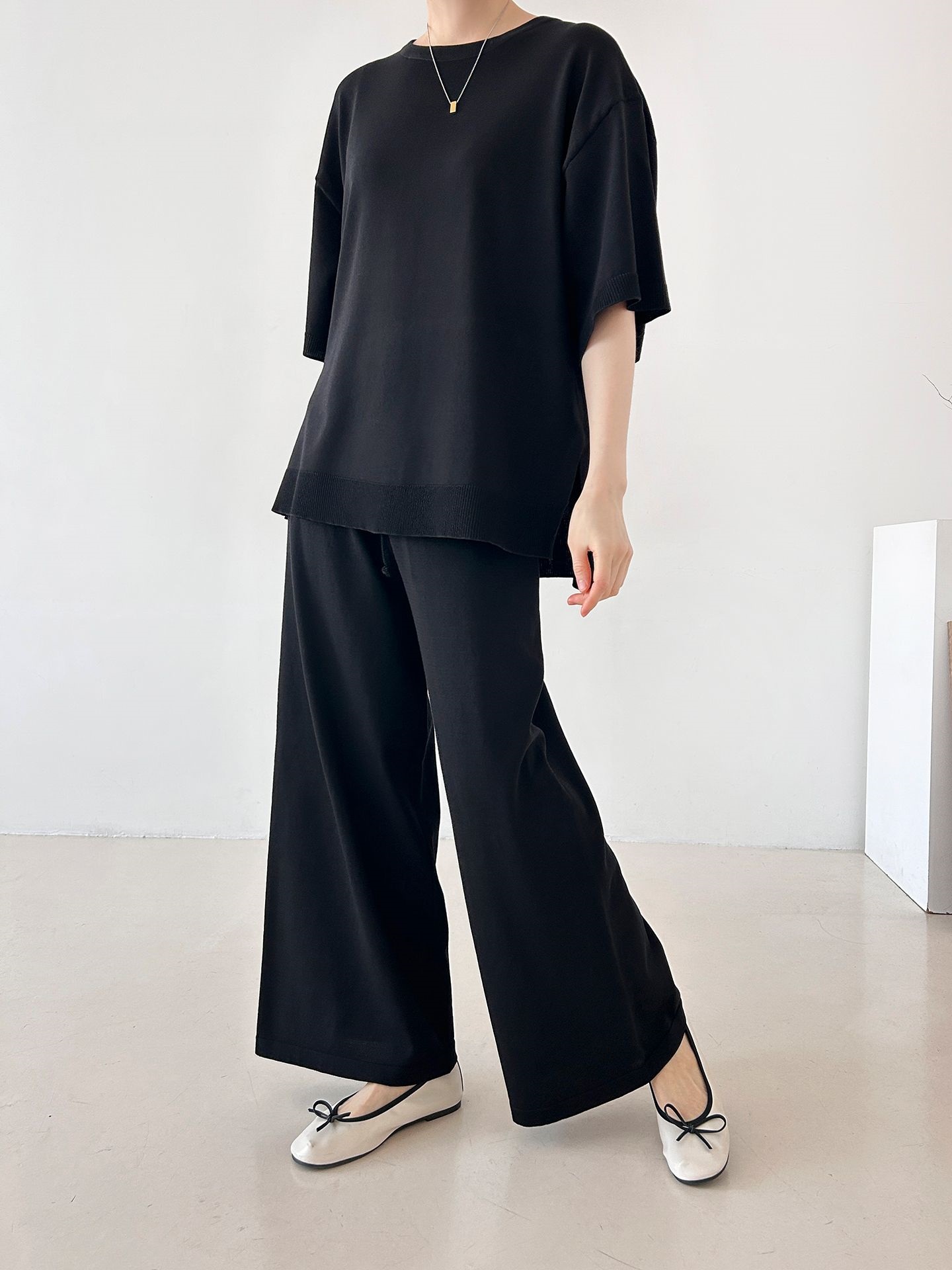 ニットラウンドネックドローストリングスリットウエストゴム半袖セットアップ | 詳細画像32