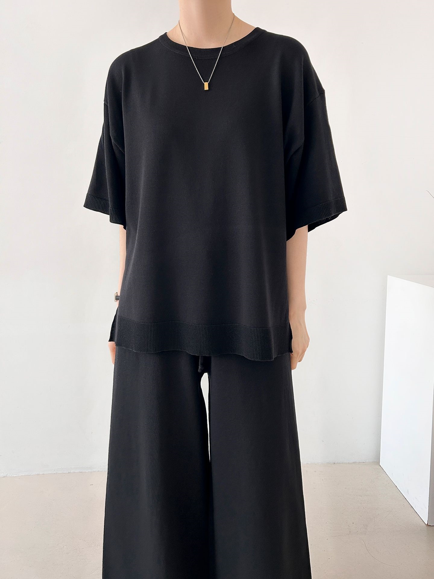 ニットラウンドネックドローストリングスリットウエストゴム半袖セットアップ | 詳細画像33