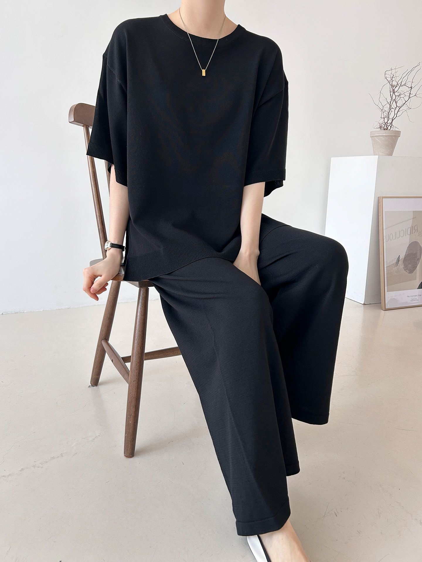 ニットラウンドネックドローストリングスリットウエストゴム半袖セットアップ | 詳細画像35