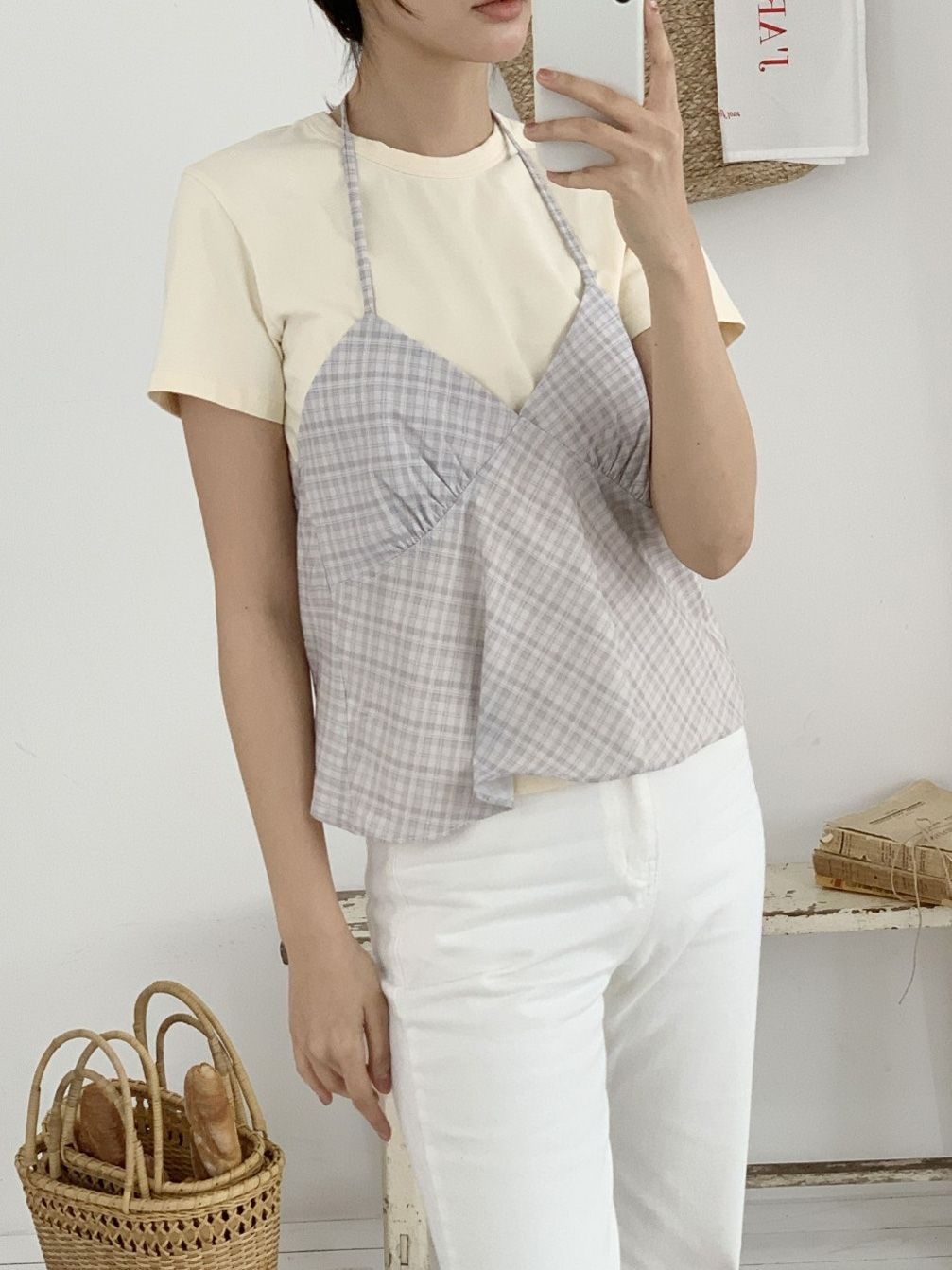 ホルターネックギャザーバックリボンチェックビスチェ | 詳細画像3