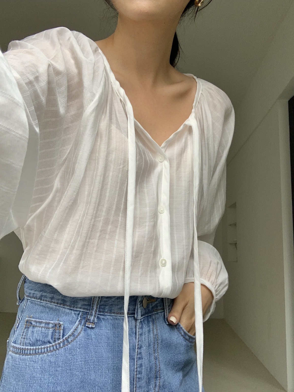 ボタンストラップルーズ長袖ブラウス | 詳細画像16