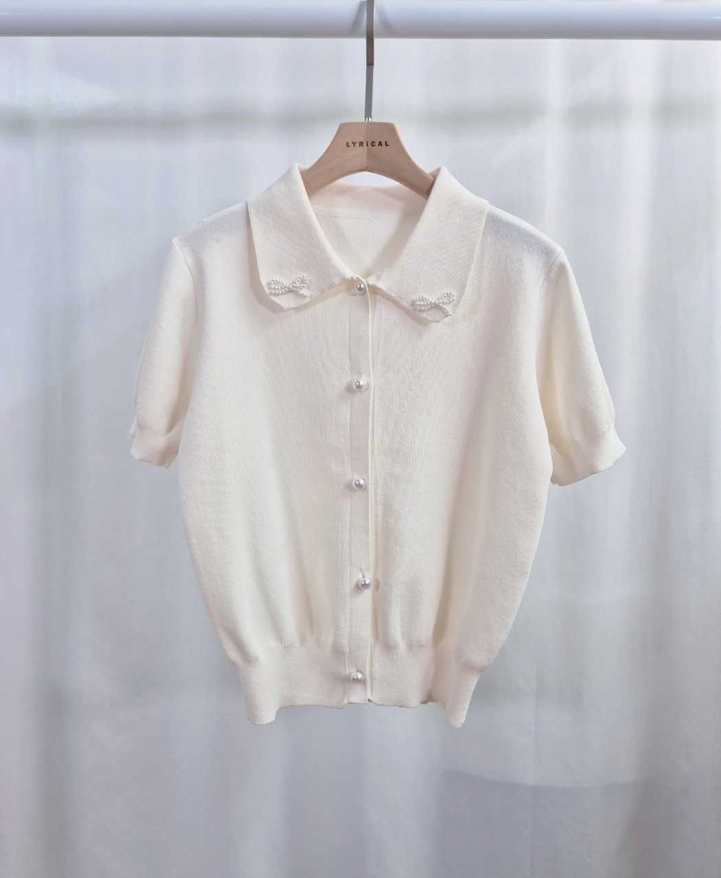 エコパールカラーパール調ボタンパフスリーブ半袖カーディガン | 詳細画像9