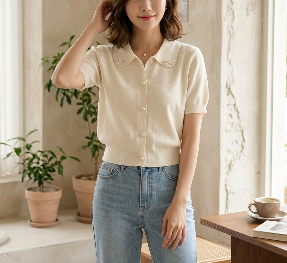 エコパールカラーパール調ボタンパフスリーブ半袖カーディガン | 詳細画像7