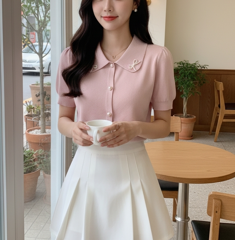 エコパールカラーパール調ボタンパフスリーブ半袖カーディガン | 詳細画像5